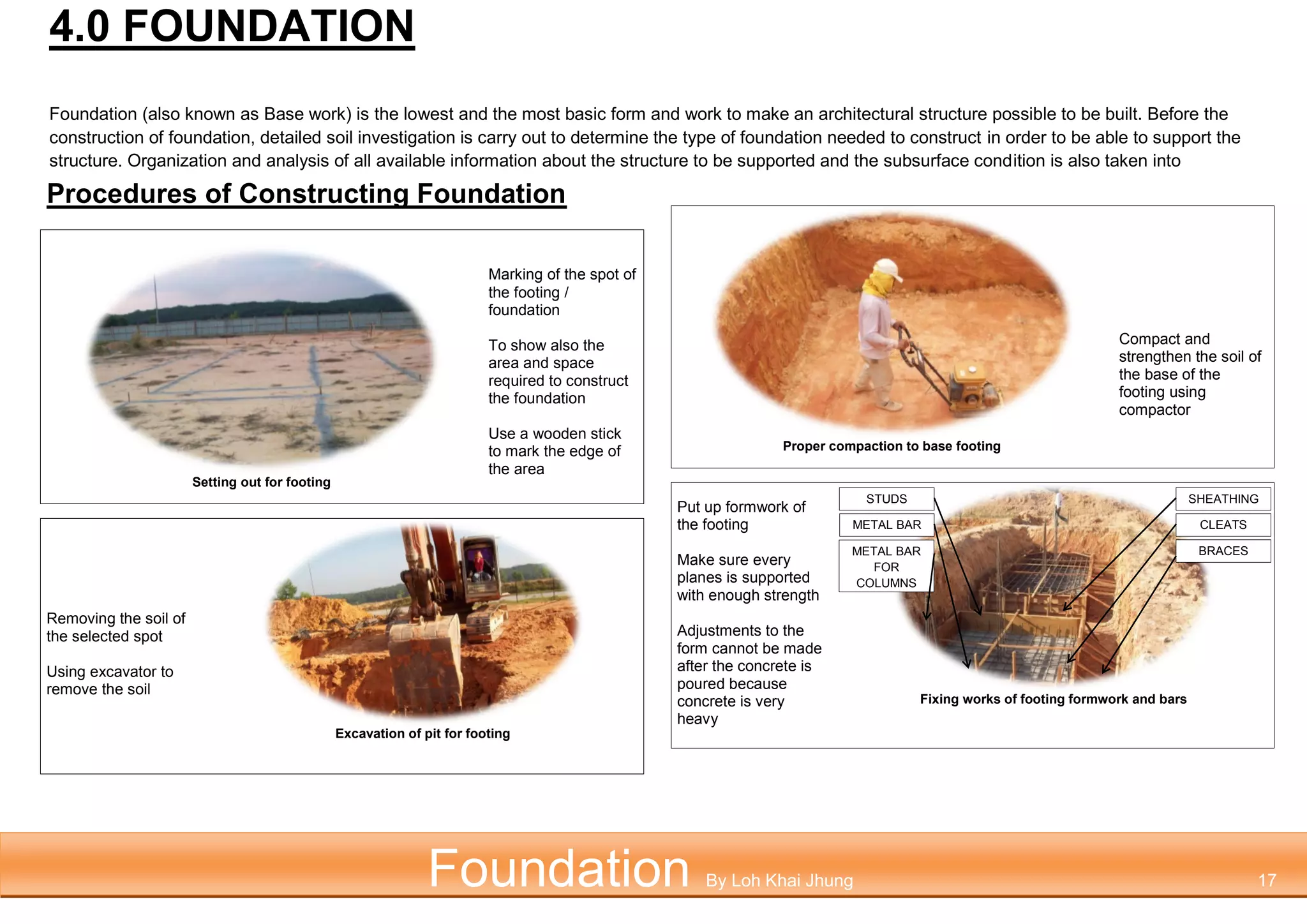FOUNDATION
Foundation (also known as Base work) is the lowest and the most basic form and work to make an
architectural structure possible to be built.
Procedures of Constructing Foundation
Setting out for footing
Marking of the spot of
the footing /
foundation
To show also the
area and space
required to construct
the foundation
Use a wooden stick
to mark the edge of
the area
Removing the soil of
the selected spot
Using excavator to
remove the soil
Excavation of pit for footing
Proper compaction to base footing
Compact and
strengthen the soil of
the base of the
footing using
compactor
Put up formwork of
the footing
Make sure every
planes is supported
with enough strength
Adjustments to the
form cannot be made
after the concrete is
poured because
concrete is very
heavy
Fixing works of footing formwork and bars
BRACES
CLEATS
SHEATHINGSTUDS
METAL BAR
METAL BAR
FOR
COLUMNS
4.0 FOUNDATION
Foundation (also known as Base work) is the lowest and the most basic form and work to make an architectural structure possible to be built. Before the
construction of foundation, detailed soil investigation is carry out to determine the type of foundation needed to construct in order to be able to support the
structure. Organization and analysis of all available information about the structure to be supported and the subsurface condition is also taken into
consideration. Optimal foundation solution transfers the structural load to the ground in a way that minimizes costs over the life of the structure without
sacrificing safety or performance.
Foundation By Loh Khai Jhung 17
 