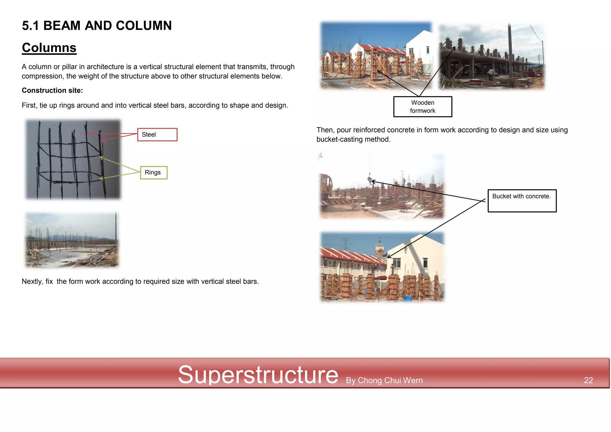 5.1 BEAM AND COLUMN
Columns
A column or pillar in architecture is a vertical structural element that transmits, through
compression, the weight of the structure above to other structural elements below.
Construction site:
First, tie up rings around and into vertical steel bars, according to shape and design.
Nextly, fix the form work according to required size with vertical steel bars.
Then, pour reinforced concrete in form work according to design and size using
bucket-casting method.
Steel
Bars
Rings
Wooden
formwork
Bucket with concrete.
Superstructure By Chong Chui Wern 22
 
