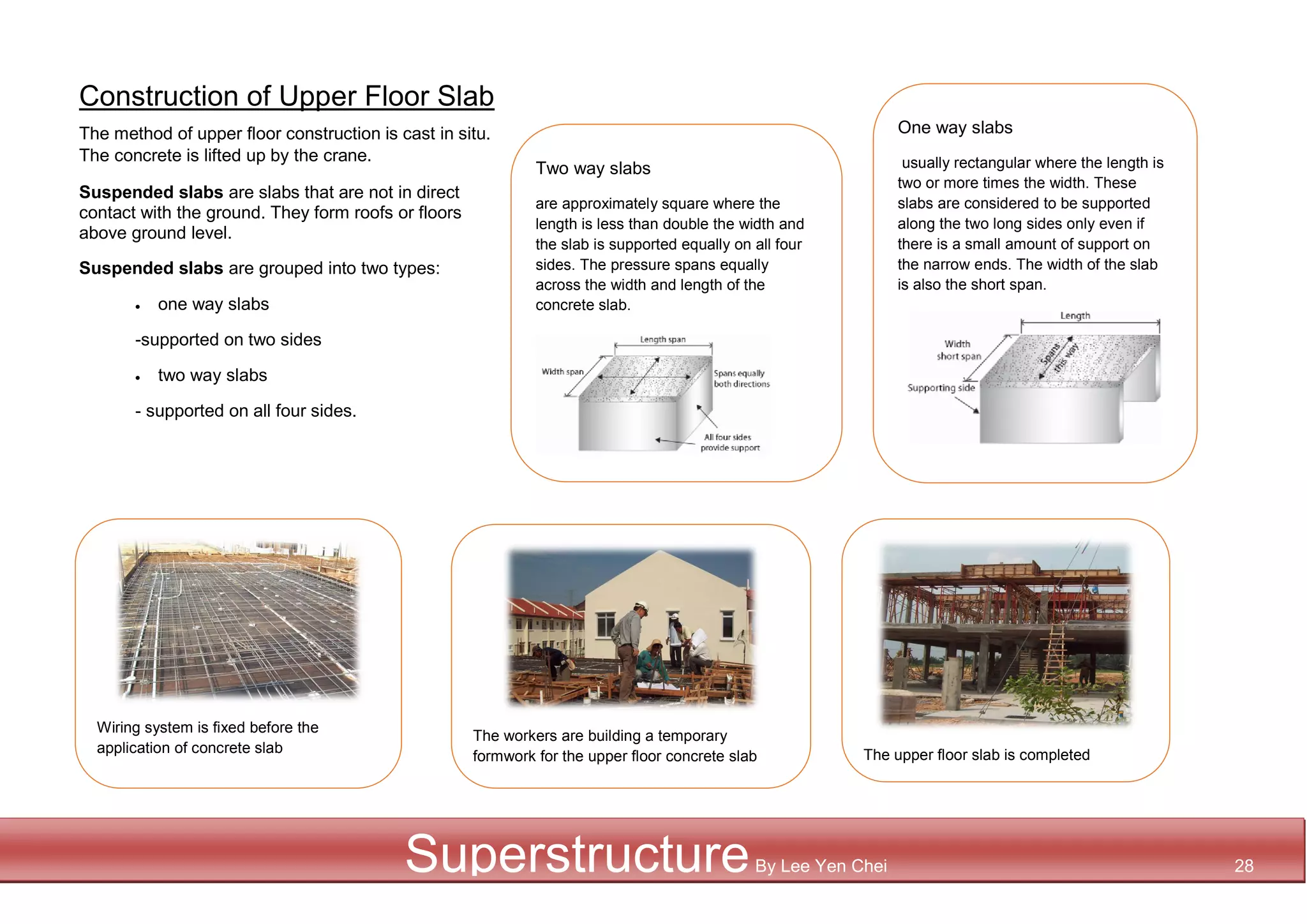 Construction of Upper Floor Slab
The method of upper floor construction is cast in situ.
The concrete is lifted up by the crane.
Suspended slabs are slabs that are not in direct
contact with the ground. They form roofs or floors
above ground level.
Suspended slabs are grouped into two types:
 one way slabs
-supported on two sides
 two way slabs
- supported on all four sides.
SuperstructureBy Lee Yen Chei 28
Wiring system is fixed before the
application of concrete slab
One way slabs
usually rectangular where the length is
two or more times the width. These
slabs are considered to be supported
along the two long sides only even if
there is a small amount of support on
the narrow ends. The width of the slab
is also the short span.
Two way slabs
are approximately square where the
length is less than double the width and
the slab is supported equally on all four
sides. The pressure spans equally
across the width and length of the
concrete slab.
The workers are building a temporary
formwork for the upper floor concrete slab The upper floor slab is completed
 