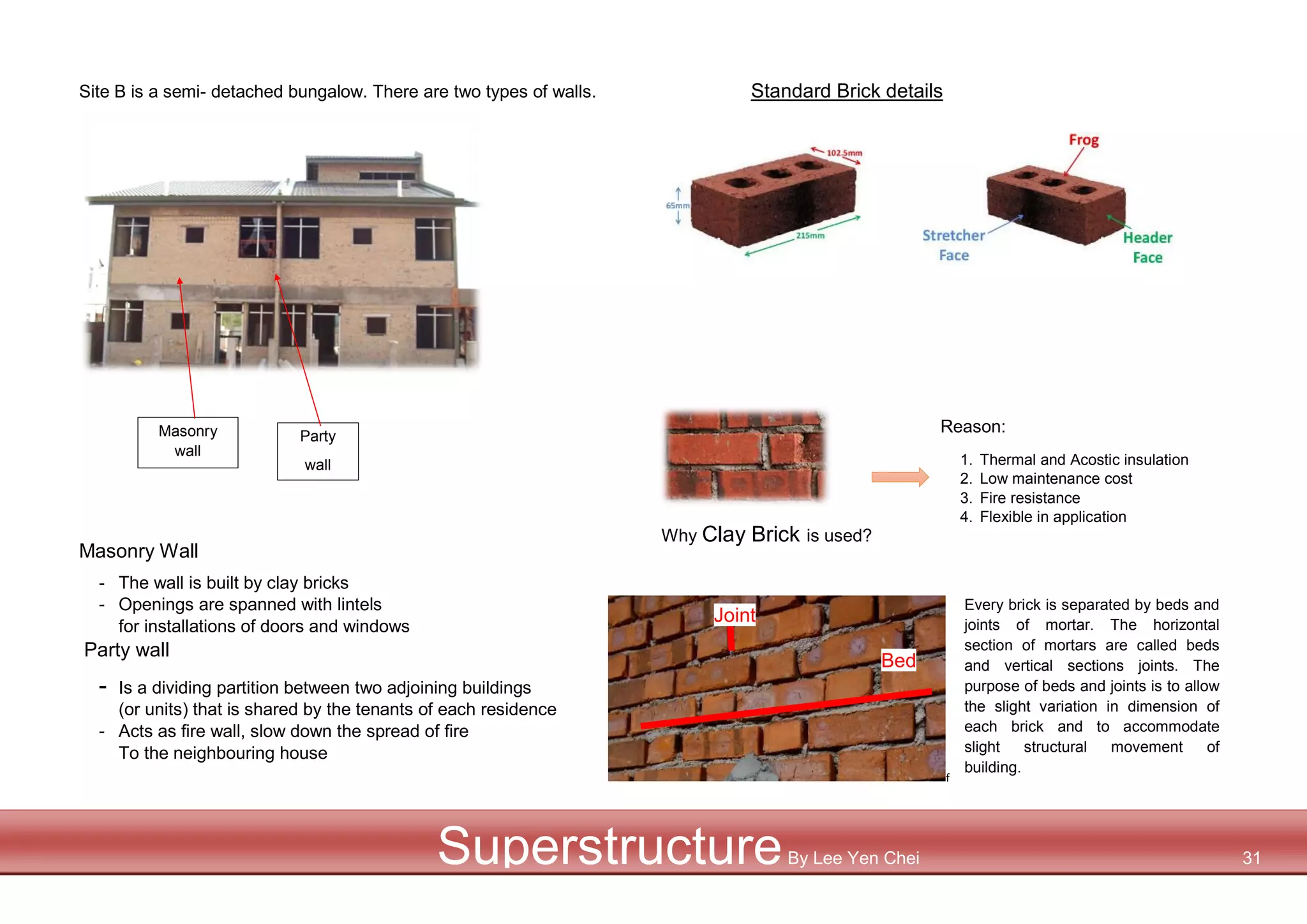 Site B is a semi- detached bungalow. There are two types of walls. Standard Brick details
Masonry Wall
- The wall is built by clay bricks
- Openings are spanned with lintels
for installations of doors and windows
Party wall
- Is a dividing partition between two adjoining buildings
(or units) that is shared by the tenants of each residence
- Acts as fire wall, slow down the spread of fire
To the neighbouring house
Masonry
wall
Party
wall
Why Clay Brick is used?
Reason:
1. Thermal and Acostic insulation
2. Low maintenance cost
3. Fire resistance
4. Flexible in application
f
Every brick is separated by beds and
joints of mortar. The horizontal
section of mortars are called beds
and vertical sections joints. The
purpose of beds and joints is to allow
the slight variation in dimension of
each brick and to accommodate
slight structural movement of
building.
Bed
Joint
SuperstructureBy Lee Yen Chei 31
 