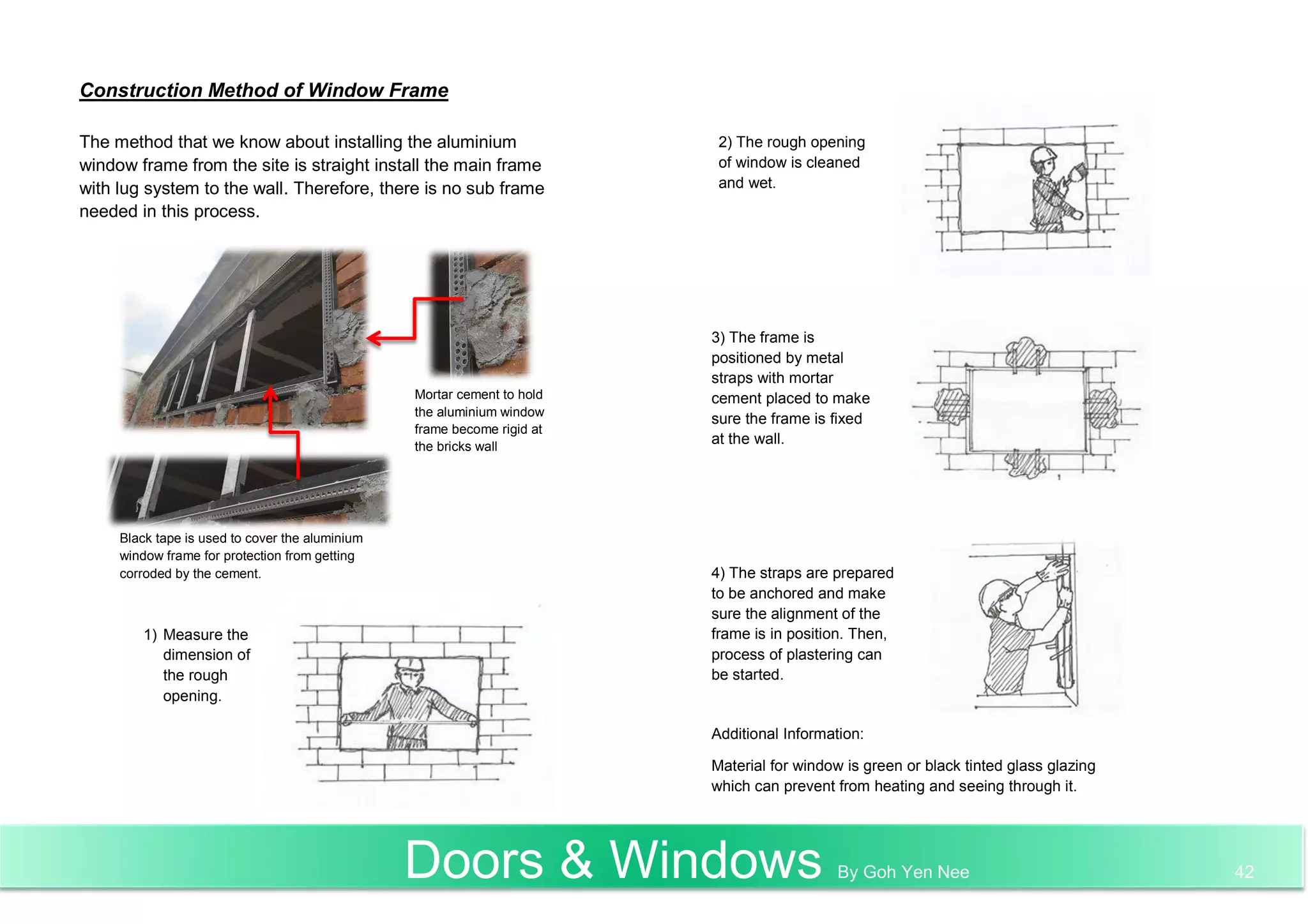 Construction Method of Window Frame
The method that we know about installing the aluminium
window frame from the site is straight install the main frame
with lug system to the wall. Therefore, there is no sub frame
needed in this process.
Mortar cement to hold
the aluminium window
frame become rigid at
the bricks wall
Black tape is used to cover the aluminium
window frame for protection from getting
corroded by the cement.
1) Measure the
dimension of
the rough
opening.
2) The rough opening
of window is cleaned
and wet.
3) The frame is
positioned by metal
straps with mortar
cement placed to make
sure the frame is fixed
at the wall.
4) The straps are prepared
to be anchored and make
sure the alignment of the
frame is in position. Then,
process of plastering can
be started.
Additional Information:
Material for window is green or black tinted glass glazing
which can prevent from heating and seeing through it.
Doors & Windows By Goh Yen Nee 42
 