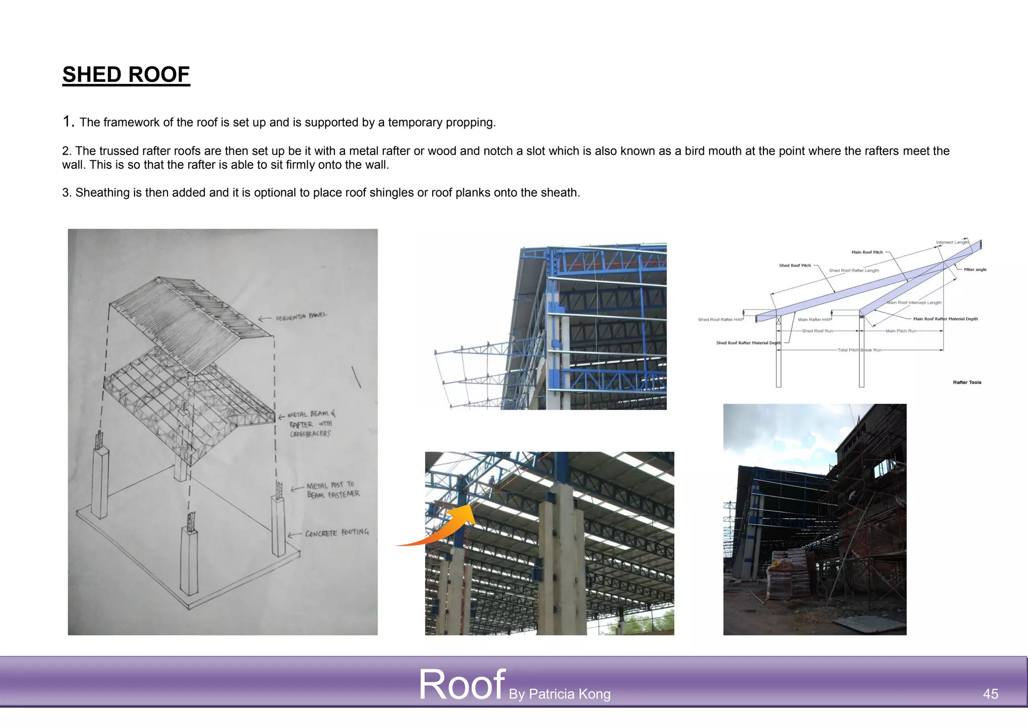 SHED ROOF
1. The framework of the roof is set up and is supported by a temporary propping.
2. The trussed rafter roofs are then set up be it with a metal rafter or wood and notch a slot which is also known as a bird mouth at the point where the rafters meet the
wall. This is so that the rafter is able to sit firmly onto the wall.
3. Sheathing is then added and it is optional to place roof shingles or roof planks onto the sheath.
RoofBy Patricia Kong 45
 