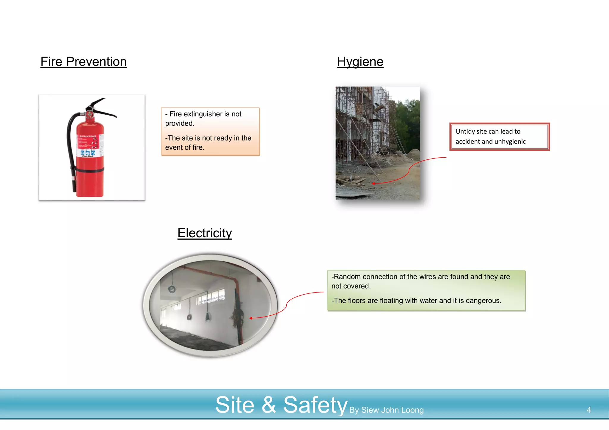 Fire Prevention Hygiene
Electricity
Untidy site can lead to
accident and unhygienic
condition
- Fire extinguisher is not
provided.
-The site is not ready in the
event of fire.
-Random connection of the wires are found and they are
not covered.
-The floors are floating with water and it is dangerous.
Site & SafetyBy Siew John Loong 4
 