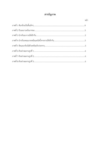 สารบัญภาพ
หน้า
ภาพที่ 1 หันกล้วยเป็นชิ้นเล็กๆ…………………………………………………………………………..……………………………4
ภาพที่ 2 บีบมะนาวลงในภาชนะ………………………………………………………………………………………………………5
ภาพที่ 3 นำกล้วยมากวนให้เข้ากัน……………………………………………………………………………………………………5
ภาพที่ 4 นำกล้วยหอมมาลงหม้อและใส่น้ำตาลกวนให้เข้ากัน………………………………………………………………5
ภาพที่ 5 จัดแยมกล้วยใส่ถ้วยพร้อมรับประทาน………………………………………………………….………………………5
ภาพที่ 6 ตัวอย่างผลงานรูปที่ 1………………………………………………………………………………………………………..6
ภาพที่ 7 ตัวอย่างผลงานรูปที่ 2………………………………………………………………………………………………………..6
ภาพที่ 8 ตัวอย่างผลงานรูปที่ 3………………………………………………………………………………………………………..6
 