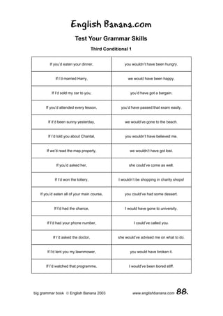 English Banana.com
                         Test Your Grammar Skills
                                      Third Conditional 1


        If you’d eaten your dinner,                   you wouldn’t have been hungry.


            If I’d married Harry,                       we would have been happy.


          If I’d sold my car to you,                     you’d have got a bargain.


      If you’d attended every lesson,               you’d have passed that exam easily.


       If it’d been sunny yesterday,                  we would’ve gone to the beach.


       If I’d told you about Chantal,                 you wouldn’t have believed me.


      If we’d read the map properly,                     we wouldn’t have got lost.


            If you’d asked her,                         she could’ve come as well.


            If I’d won the lottery,               I wouldn’t be shopping in charity shops!


   If you’d eaten all of your main course,            you could’ve had some dessert.


           If I’d had the chance,                     I would have gone to university.


       If I’d had your phone number,                        I could’ve called you.


          If I’d asked the doctor,                she would’ve advised me on what to do.


       If I’d lent you my lawnmower,                     you would have broken it.


      If I’d watched that programme,                    I would’ve been bored stiff.




big grammar book  English Banana 2003                      www.englishbanana.com      88.
 