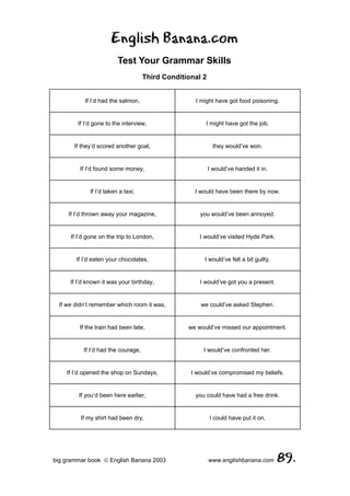English Banana.com
                         Test Your Grammar Skills
                                    Third Conditional 2


           If I’d had the salmon,                  I might have got food poisoning.


        If I’d gone to the interview,                  I might have got the job.


       If they’d scored another goal,                       they would’ve won.


         If I’d found some money,                         I would’ve handed it in.


             If I’d taken a taxi,                  I would have been there by now.


     If I’d thrown away your magazine,               you would’ve been annoyed.


     If I’d gone on the trip to London,              I would’ve visited Hyde Park.


       If I’d eaten your chocolates,                   I would’ve felt a bit guilty.


     If I’d known it was your birthday,              I would’ve got you a present.


 If we didn’t remember which room it was,            we could’ve asked Stephen.


         If the train had been late,             we would’ve missed our appointment.


          If I’d had the courage,                     I would’ve confronted her.


    If I’d opened the shop on Sundays,            I would’ve compromised my beliefs.


        If you’d been here earlier,                you could have had a free drink.


         If my shirt had been dry,                        I could have put it on.




big grammar book  English Banana 2003                    www.englishbanana.com        89.
 