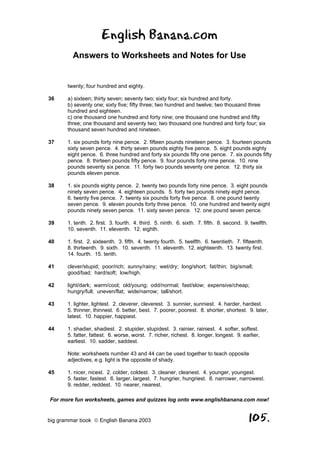 English Banana.com
         Answers to Worksheets and Notes for Use


       twenty; four hundred and eighty.

36     a) sixteen; thirty seven; seventy two; sixty four; six hundred and forty.
       b) seventy one; sixty five; fifty three; two hundred and twelve; two thousand three
       hundred and eighteen.
       c) one thousand one hundred and forty nine; one thousand one hundred and fifty
       three; one thousand and seventy two; two thousand one hundred and forty four; six
       thousand seven hundred and nineteen.

37     1. six pounds forty nine pence. 2. fifteen pounds nineteen pence. 3. fourteen pounds
       sixty seven pence. 4. thirty seven pounds eighty five pence. 5. eight pounds eighty
       eight pence. 6. three hundred and forty six pounds fifty one pence. 7. six pounds fifty
       pence. 8. thirteen pounds fifty pence. 9. four pounds forty nine pence. 10. nine
       pounds seventy six pence. 11. forty two pounds seventy one pence. 12. thirty six
       pounds eleven pence.

38     1. six pounds eighty pence. 2. twenty two pounds forty nine pence. 3. eight pounds
       ninety seven pence. 4. eighteen pounds. 5. forty two pounds ninety eight pence.
       6. twenty five pence. 7. twenty six pounds forty five pence. 8. one pound twenty
       seven pence. 9. eleven pounds forty three pence. 10. one hundred and twenty eight
       pounds ninety seven pence. 11. sixty seven pence. 12. one pound seven pence.

39     1. tenth. 2. first. 3. fourth. 4. third. 5. ninth. 6. sixth. 7. fifth. 8. second. 9. twelfth.
       10. seventh. 11. eleventh. 12. eighth.

40     1. first. 2. sixteenth. 3. fifth. 4. twenty fourth. 5. twelfth. 6. twentieth. 7. fifteenth.
       8. thirteenth. 9. sixth. 10. seventh. 11. eleventh. 12. eighteenth. 13. twenty first.
       14. fourth. 15. tenth.

41     clever/stupid; poor/rich; sunny/rainy; wet/dry; long/short; fat/thin; big/small;
       good/bad; hard/soft; low/high.

42     light/dark; warm/cool; old/young; odd/normal; fast/slow; expensive/cheap;
       hungry/full; uneven/flat; wide/narrow; tall/short.

43     1. lighter, lightest. 2. cleverer, cleverest. 3. sunnier, sunniest. 4. harder, hardest.
       5. thinner, thinnest. 6. better, best. 7. poorer, poorest. 8. shorter, shortest. 9. later,
       latest. 10. happier, happiest.

44     1. shadier, shadiest. 2. stupider, stupidest. 3. rainier, rainiest. 4. softer, softest.
       5. fatter, fattest. 6. worse, worst. 7. richer, richest. 8. longer, longest. 9. earlier,
       earliest. 10. sadder, saddest.

       Note: worksheets number 43 and 44 can be used together to teach opposite
       adjectives, e.g. light is the opposite of shady.

45     1. nicer, nicest. 2. colder, coldest. 3. cleaner, cleanest. 4. younger, youngest.
       5. faster, fastest. 6. larger, largest. 7. hungrier, hungriest. 8. narrower, narrowest.
       9. redder, reddest. 10. nearer, nearest.

For more fun worksheets, games and quizzes log onto www.englishbanana.com now!


big grammar book  English Banana 2003                                                     105.
 
