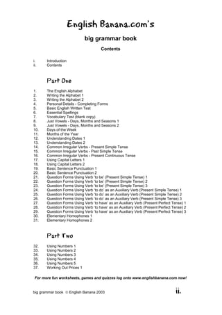 English Banana.com’s
                              big grammar book
                                      Contents

i.     Introduction
ii.    Contents



       Part One
1.     The English Alphabet
2.     Writing the Alphabet 1
3.     Writing the Alphabet 2
4.     Personal Details - Completing Forms
5.     Basic English Written Test
6.     Essential Spellings
7.     Vocabulary Test (blank copy)
8.     Just Vowels - Days, Months and Seasons 1
9.     Just Vowels - Days, Months and Seasons 2
10.    Days of the Week
11.    Months of the Year
12.    Understanding Dates 1
13.    Understanding Dates 2
14.    Common Irregular Verbs - Present Simple Tense
15.    Common Irregular Verbs - Past Simple Tense
16.    Common Irregular Verbs - Present Continuous Tense
17.    Using Capital Letters 1
18.    Using Capital Letters 2
19.    Basic Sentence Punctuation 1
20.    Basic Sentence Punctuation 2
21.    Question Forms Using Verb ‘to be’ (Present Simple Tense) 1
22.    Question Forms Using Verb ‘to be’ (Present Simple Tense) 2
23.    Question Forms Using Verb ‘to be’ (Present Simple Tense) 3
24.    Question Forms Using Verb ‘to do’ as an Auxiliary Verb (Present Simple Tense) 1
25.    Question Forms Using Verb ‘to do’ as an Auxiliary Verb (Present Simple Tense) 2
26.    Question Forms Using Verb ‘to do’ as an Auxiliary Verb (Present Simple Tense) 3
27.    Question Forms Using Verb ‘to have’ as an Auxiliary Verb (Present Perfect Tense) 1
28.    Question Forms Using Verb ‘to have’ as an Auxiliary Verb (Present Perfect Tense) 2
29.    Question Forms Using Verb ‘to have’ as an Auxiliary Verb (Present Perfect Tense) 3
30.    Elementary Homophones 1
31.    Elementary Homophones 2



       Part Two
32.    Using Numbers 1
33.    Using Numbers 2
34.    Using Numbers 3
35.    Using Numbers 4
36.    Using Numbers 5
37.    Working Out Prices 1

 For more fun worksheets, games and quizzes log onto www.englishbanana.com now!


big grammar book  English Banana 2003                                            ii.
 