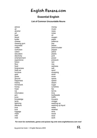 English Banana.com
                            Essential English
                    List of Common Uncountable Nouns

advice                                    money
air                                       music
alcohol                                   news
art                                       noise
beef                                      oil
blood                                     oxygen
butter                                    paper
cheese                                    patience
chewing gum                               pay
chocolate                                 peace
coffee                                    peanut butter
confusion                                 pepper
cotton                                    petrol
education                                 plastic
electricity                               pork
entertainment                             power
experience                                pressure
fiction                                   rain
flour                                     rice
food                                      sadness
forgiveness                               salt
fresh air                                 sand
furniture                                 shopping
gold                                      silver
grass                                     snow
ground                                    space
happiness                                 speed
history                                   steam
homework                                  sugar
honey                                     sunshine
hope                                      tea
ice                                       tennis
information                               time
jam                                       toothpaste
juice                                     traffic
knowledge                                 trousers
lamb                                      vinegar
lightning                                 washing up
literature                                washing up liquid
love                                      water
luck                                      weather
luggage                                   wine
meat                                      wood
milk                                      wool
mist                                      work

For more fun worksheets, games and quizzes log onto www.englishbanana.com now!


big grammar book  English Banana 2003                                  51.
 