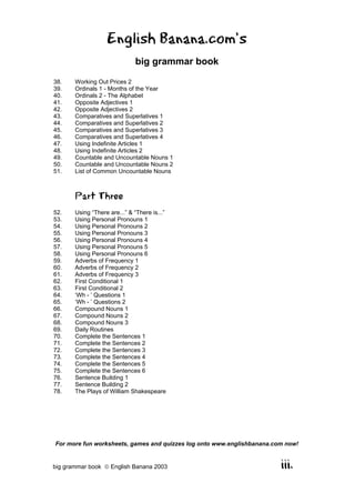English Banana.com’s
                              big grammar book

38.    Working Out Prices 2
39.    Ordinals 1 - Months of the Year
40.    Ordinals 2 - The Alphabet
41.    Opposite Adjectives 1
42.    Opposite Adjectives 2
43.    Comparatives and Superlatives 1
44.    Comparatives and Superlatives 2
45.    Comparatives and Superlatives 3
46.    Comparatives and Superlatives 4
47.    Using Indefinite Articles 1
48.    Using Indefinite Articles 2
49.    Countable and Uncountable Nouns 1
50.    Countable and Uncountable Nouns 2
51.    List of Common Uncountable Nouns



       Part Three
52.    Using “There are...” & “There is...”
53.    Using Personal Pronouns 1
54.    Using Personal Pronouns 2
55.    Using Personal Pronouns 3
56.    Using Personal Pronouns 4
57.    Using Personal Pronouns 5
58.    Using Personal Pronouns 6
59.    Adverbs of Frequency 1
60.    Adverbs of Frequency 2
61.    Adverbs of Frequency 3
62.    First Conditional 1
63.    First Conditional 2
64.    ‘Wh - ’ Questions 1
65.    ‘Wh - ’ Questions 2
66.    Compound Nouns 1
67.    Compound Nouns 2
68.    Compound Nouns 3
69.    Daily Routines
70.    Complete the Sentences 1
71.    Complete the Sentences 2
72.    Complete the Sentences 3
73.    Complete the Sentences 4
74.    Complete the Sentences 5
75.    Complete the Sentences 6
76.    Sentence Building 1
77.    Sentence Building 2
78.    The Plays of William Shakespeare




For more fun worksheets, games and quizzes log onto www.englishbanana.com now!


big grammar book  English Banana 2003                                  iii.
 