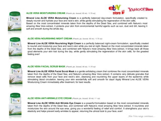 Aloe Vera range
ALOE VERA MOISTURIZING CREAM (Plastic jar, boxed, 50 mL / 1.75 oz)

Mineral Line ALOE VERA Moisturizing Cream is a perfectly balanced day-cream formulation, specifically created to
deeply nourish and hydrate your face and neck’s skin, while gently stimulating the regeneration of the skin cells.
Based on the most concentrated minerals taken from the depths of the Dead Sea, and combined with Nature’s most
amazing Aloe Vera extract, it protects your skin from environmental harmful agents such as sun, dust and dirt, leaving it
soft and smooth during the whole day.



 ALOE VERA NOURISHING NIGHT CREAM (Plastic jar, boxed, 50 mL / 1.75 oz)

 Mineral Line ALOE VERA Nourishing Night Cream is a perfectly balanced night-cream formulation, specifically created
 to nourish and moisturize your face and neck’s skin while you rest at night. Based on the most concentrated minerals taken
 from the depths of the Dead Sea, and combined with Nature’s most amazing Aloe Vera extract, it brings back all those
 good elements your skin lost during the day, while gently stimulating the regeneration of the skin cells, for the greatest
 feeling ever!




 ALOE VERA FACIAL SCRUB MASK (Plastic jar, boxed, 50 mL / 1.75 oz)

 Mineral Line ALOE VERA Facial Scrub Mask is a gentle exfoliating cream that combines the most concentrated minerals
 taken from the depths of the Dead Sea, and Nature’s amazing Aloe Vera extract. It contains very delicate granules that
 remove dead cells from your face and neck’s skin, cleansing and nourishing the upper layers of the epidermis while
 stimulating blood circulation, leaving your skin wonderfully soft and smooth for days! Apply Mineral Line ALOE VERA
 Moisturizing Cream immediately after treatment, for best results.




 ALOE VERA ANTI-WRINKLE EYE CREAM (Plastic jar, boxed, 30 mL / 1       oz)

 Mineral Line ALOE VERA Anti Wrinkle Eye Cream is a powerful formulation based on the most concentrated minerals
 taken from the depths of the Dead Sea, and combined with Nature’s most amazing Aloe Vera extract. It nourishes and
 moisturizes the skin around the eye area, giving you a wonderful feeling of relief and comfort. It strengthens your skin’s
 elasticity and helps prevent early wrinkles to appear, returning the utmost look to your face, ever!

                                                                                                      Aloe Vera range continues…
 