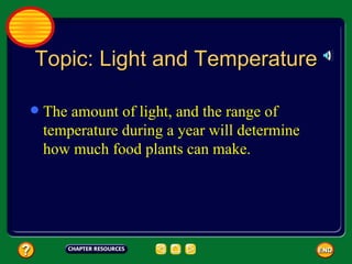 Topic: Light and Temperature The amount of light, and the range of temperature during a year will determine how much food plants can make. 
