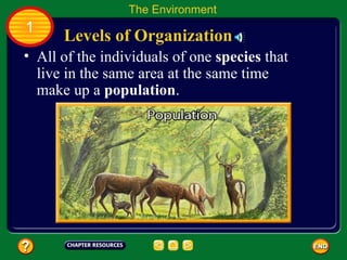 All of the individuals of one  species  that live in the same area at the same time make up a  population .  Levels of Organization The Environment 1 
