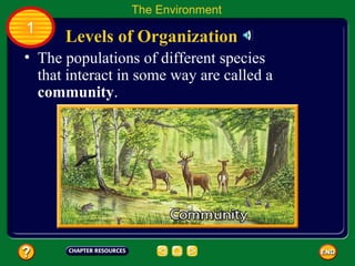 The populations of different species that interact in some way are called a  community . Levels of Organization The Environment 1 