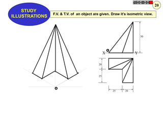 Z
STUDY
ILLUSTRATIONS
X Y
50
20
25
25 20
O
O
F.V. & T.V. of an object are given. Draw it’s isometric view.
20
 