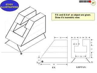 Y
X
F.V. LEFT S.V.
30 20 20
10
15
15
15
30
50
10
15
O
O
F.V. and S.V.of an object are given.
Draw it’s isometric view.
Z
STUDY
ILLUSTRATIONS
37
 