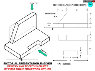 O
10
30
10
80
30
T.V.
O
10
30
40
20
F.V.
X Y
FOR T.V.
PICTORIAL PRESENTATION IS GIVEN
DRAW FV AND TV OF THIS OBJECT
BY FIRST ANGLE PROJECTION METHOD
24
ORTHOGRAPHIC PROJECTIONS
FRONT VIEW
TOP VIEW
 