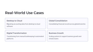 Real-World Use Cases
Desktop to Cloud
Migrating accounting data from desktop to cloud
software
Global Consolidation
Consolidating financial records across global branches
Digital Transformation
Transitioning from manual bookkeeping to automated
platforms
Business Growth
Scaling systems to support business growth and
remote teams
 