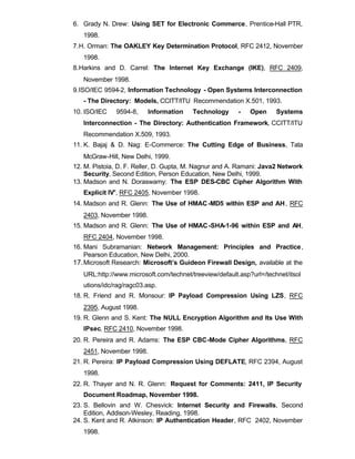 6. Grady N. Drew: Using SET for Electronic Commerce, Prentice-Hall PTR,
   1998.
7. H. Orman: The OAKLEY Key Determination Protocol, RFC 2412, November
   1998.
8. Harkins and D. Carrel: The Internet Key Exchange (IKE), RFC 2409,
   November 1998.
9. ISO/IEC 9594-2, Information Technology - Open Systems Interconnection
   - The Directory: Models, CCITT/ITU Recommendation X.501, 1993.
10. ISO/IEC   9594-8,    Information     Technology      -   Open     Systems
   Interconnection - The Directory: Authentication Framework, CCITT/ITU
   Recommendation X.509, 1993.
11. K. Bajaj & D. Nag: E-Commerce: The Cutting Edge of Business, Tata
   McGraw-Hill, New Delhi, 1999.
12. M. Pistoia, D. F. Reller, D. Gupta, M. Nagnur and A. Ramani: Java2 Network
    Security, Second Edition, Person Education, New Delhi, 1999.
13. Madson and N. Doraswamy: The ESP DES-CBC Cipher Algorithm With
   Explicit IV", RFC 2405, November 1998.
14. Madson and R. Glenn: The Use of HMAC -MD5 within ESP and AH , RFC
   2403, November 1998.
15. Madson and R. Glenn: The Use of HMAC -SHA-1-96 within ESP and AH,
   RFC 2404, November 1998.
16. Mani Subramanian: Network Management: Principles and Practice ,
    Pearson Education, New Delhi, 2000.
17. Microsoft Research: Microsoft’s Guideon Firewall Design, available at the
   URL:http://www.microsoft.com/technet/treeview/default.asp?url=/technet/itsol
   utions/idc/rag/ragc03.asp.
18. R. Friend and R. Monsour: IP Payload Compression Using LZS, RFC
   2395, August 1998.
19. R. Glenn and S. Kent: The NULL Encryption Algorithm and Its Use With
   IPsec, RFC 2410, November 1998.
20. R. Pereira and R. Adams: The ESP CBC-Mode Cipher Algorithms, RFC
   2451, November 1998.
21. R. Pereira: IP Payload Compression Using DEFLATE, RFC 2394, August
   1998.
22. R. Thayer and N. R. Glenn: Request for Comments: 2411, IP Security
   Document Roadmap, November 1998.
23. S. Bellovin and W. Chesvick: Internet Security and Firewalls, Second
    Edition, Addison-Wesley, Reading, 1998.
24. S. Kent and R. Atkinson: IP Authentication Header, RFC 2402, November
   1998.
 