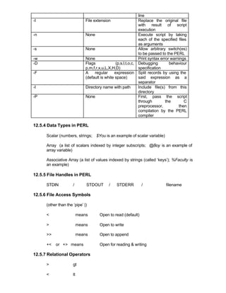 line
-I                             File extension                  Replace the original file
                                                               with result of script
                                                               execution
-n                             None                            Execute script by taking
                                                               each of the specified files
                                                               as arguments
-s                             None                            Allow arbitrary switch(es)
                                                               to be passed to the PERL
-w                             None                            Print syntax error warnings
-D                             Flags             (p,s,l,t,o,c, Debugging         behaviour
                               p,m,f,r,x,u,L,X,H,D)            specification
-F                             A    regular     expression Split records by using the
                               (default is white space)        said expression as a
                                                               separator
-I                             Directory name with path        Include file(s) from this
                                                               directory
-P                             None                            First, pass the script
                                                               through         the       C
                                                               preprocessor,          then
                                                               compilation by the PERL
                                                               compiler

12.5.4 Data Types in PERL

      Scalar (numbers, strings;      $You is an example of scalar variable)

      Array (a list of scalars indexed by integer subscripts; @Boy is an example of
      array variable)

      Associative Array (a list of values indexed by strings (called ‘keys’); %Faculty is
      an example)

12.5.5 File Handles in PERL

      STDIN           /        STDOUT       /    STDERR         /             filename

12.5.6 File Access Symbols

      (other than the ‘pipe’ |)

      <                    means       Open to read (default)

      >                    means       Open to write

      >>                   means       Open to append

      +<   or +> means                 Open for reading & writing

12.5.7 Relational Operators

      >               gt

      <               lt
 