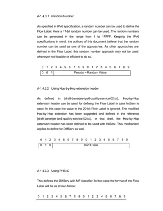 A-1.4.3.1 Random Number


As specified in IPv6 specification, a random number can be used to define the
Flow Label. Here a 17-bit random number can be used. The random numbers
can be generated in the range from 1 to 1FFFF. Keeping the IPv6
specifications in mind, the authors of this document believe that the random
number can be used as one of the approaches. As other approaches are
defined in the Flow Label, this random number approach may not be used
whenever not feasible or efficient to do so.


     0 1 2 3 4 5 6 7 8 9 0 1 2 3 4 5 6 7 8 9
     0 0 1                    Pseudo – Random Value




A-1.4.3.2 Using Hop-by-Hop extension header


As    defined    in   [draft-banerjee-ipv6-quality-service-02.txt],   Hop-by-Hop
extension header can be used for defining the Flow Label in case IntServ is
used. In this case the value in the 20-bit Flow Label is ignored. The modified
Hop-by-Hop extension has been suggested and defined in the reference
[draft-banerjee-ipv6-quality-service-02.txt]. In that draft, the Hop-by-Hop
extension header has been defined to be used with IntServ. This mechanism
applies to define for DiffServ as well.


  0 1 2 3 4 5 6 7 8 9 0 1 2 3 4 5 6 7 8 9
  0 1 0                               Don’t Care




A-1.4.3.3 Using PHB ID


This defines the DiffServ with MF classifier. In that case the format of the Flow
Label will be as shown below:


0 1 2 3 4 5 6 7 8 9 0 1 2 3 4 5 6 7 8 9
 