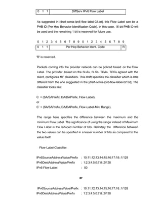 0 1 1                         DiffServ IPv6 Flow Label


As suggested in [draft-conta-ipv6-flow-label-02.txt], this Flow Label can be a
PHB ID (Per Hop Behavior Identification Code). In this case, 16-bit PHB ID will
be used and the remaining 1 bit is reserved for future use.


0 1 2 3 4 5 6 7 8 9 0 1 2 3 4 5 6 7 8 9
0 1 1                     Per Hop Behavior Ident. Code                  R


'R' is reserved.


Packets coming into the provider network can be policed based on the Flow
Label. The provider, based on the SLAs, SLSs, TCAs, TCSs agreed with the
client, configures MF classifiers. This draft specifies the classifier which is little
different from the one suggested in the [draft-conta-ipv6-flow-label-02.txt]. The
classifier looks like:


C = (SA/SAPrefix, DA/DAPrefix, Flow-Label).
or
C` = (SA/SAPrefix, DA/DAPrefix, Flow-Label-Min: Range).


The range here specifies the difference between the maximum and the
minimum Flow Label. The significance of using the range instead of Maximum
Flow Label is the reduced number of bits. Definitely the difference between
the two values can be specified in a lesser number of bits as compared to the
value itself.


     Flow-Label-Classifier:


IPv6SourceAddressValue/Prefix        : 10:11:12:13:14:15:16:17:18::1/128
IPv6DestAddressValue/Prefix          : 1:2:3:4:5:6:7:8::2/128
IPv6 Flow Label                      : 50


                                    or


IPv6SourceAddressValue/Prefix : 10:11:12:13:14:15:16:17:18::1/128
IPv6DestAddressValue/Prefix          : 1:2:3:4:5:6:7:8::2/128
 