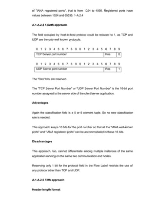 of "IANA registered ports", that is from 1024 to 4095. Registered ports have
values between 1024 and 65535. 1-A.2.4


A-1.A.2.4 Fourth approach


The field occupied by host-to-host protocol could be reduced to 1, as TCP and
UDP are the only well known protocols.


   0 1 2 3 4 5 6 7 8 9 0 1 2 3 4 5 6 7 8 9
   TCP Server port number                                   Res        0


   0 1 2 3 4 5 6 7 8 9 0 1 2 3 4 5 6 7 8 9
   UDP Server port number                                   Res        1


The "Res" bits are reserved.


The "TCP Server Port Number" or "UDP Server Port Number" is the 16-bit port
number assigned to the server side of the client/server application.


Advantages


Again the classification field is a 5 or 6 element tuple. So no new classification
rule is needed.


This approach keeps 16 bits for the port number so that all the "IANA well-known
ports" and "IANA registered ports" can be accommodated in these 16 bits.


Disadvantages


This approach, too, cannot differentiate among multiple instances of the same
application running on the same two communication end nodes.


Reserving only 1 bit for the protocol field in the Flow Label restricts the use of
any protocol other than TCP and UDP.


A-1.A.2.5 Fifth approach


Header length format
 