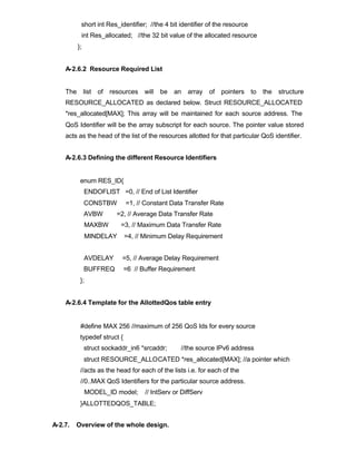 short int Res_identifier; //the 4 bit identifier of the resource
          int Res_allocated; //the 32 bit value of the allocated resource
         };


    A-2.6.2 Resource Required List


    The list of resources will           be    an   array    of   pointers   to   the   structure
    RESOURCE_ALLOCATED as declared below. Struct RESOURCE_ALLOCATED
    *res_allocated[MAX]; This array will be maintained for each source address. The
    QoS Identifier will be the array subscript for each source. The pointer value stored
    acts as the head of the list of the resources allotted for that particular QoS identifier.


    A-2.6.3 Defining the different Resource Identifiers


          enum RES_ID{
              ENDOFLIST =0, // End of List Identifier
              CONSTBW        =1, // Constant Data Transfer Rate
              AVBW       =2, // Average Data Transfer Rate
              MAXBW       =3, // Maximum Data Transfer Rate
              MINDELAY       =4, // Minimum Delay Requirement


              AVDELAY      =5, // Average Delay Requirement
              BUFFREQ        =6 // Buffer Requirement
          };


    A-2.6.4 Template for the AllottedQos table entry


          #define MAX 256 //maximum of 256 QoS Ids for every source
          typedef struct {
              struct sockaddr_in6 *srcaddr;      //the source IPv6 address
              struct RESOURCE_ALLOCATED *res_allocated[MAX]; //a pointer which
          //acts as the head for each of the lists i.e. for each of the
          //0..MAX QoS Identifiers for the particular source address.
              MODEL_ID model;       // IntServ or DiffServ
          }ALLOTTEDQOS_TABLE;


A-2.7.   Overview of the whole design.
 