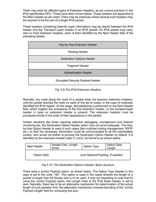 There may exist six different types of Extension Headers, as per current provision in the
IPv6 specification RFC. These have been shown below. These headers are appended to
the Main Header as per need. There may be instances where several such headers may
be required to be the part of a single IPv6 packet.

These headers (containing Internet Layer information) may be placed between the IPv6
header and the Transport Layer header in an IPv6 packet. An IPv6 packet may carry
zero or more extension headers, each of them identified by the Next Header field of the
preceding header:

                             Hop-by-Hop Extension Header

                                     Routing Header

                              Destination Options Header

                                    Fragment Header

                                 Authentication Header

                          Encrypted Security Payload Header


                          Fig. 5.9 The IPv6 Extension Headers


Normally, any node along the route of a packet does not examine extension headers;
until the packet reaches the node (or each of the set of nodes, in the case of multicast)
identified the IPv6 header. At this stage, demultiplexing is performed on the Next Header
field, which triggers the processing of the first extension header, or the transport-layer
header in case no extension header is present. The extension headers must be
processed strictly in the order of their appearance in the packet.

Certain situations like those requiring selective debugging, management and network
monitoring etc. the Destination Option Header option may not prove adequate. The Hop-
by-Hop Option Header is used in such cases (like multicast routing management, RSVP
etc.) so that the necessary information could be communicated to all the intermediate
routers, who would not bother to process the Destination Option Header by default. It is
identified by the extension header code ‘0’ (zero). Its format is as shown below:

                       Header Extn. Length                          Option Data
   Next Header                                   Option Type
                       (8-bit)                                      Length

        Option Data                            (and Optional Padding, If needed)


               Fig.5.10: The Destination Options Header: Basic structure

There exist a Jumbo Payload option, as shown below. The Option Type Header in this
case is set to the code ‘194’. This option is used in the cases wherein the length of a
packet of larger than 64 Kbytes size is to be used. It may be interesting to note that for
using the Jumbo Payload option, the Length Field of the IPv6 Base Header is set to
zero. Naturally, there has to be an alternative mechanism for determination of the actual
length of such packets! And, this alternative mechanism involves decoding of the ‘Jumbo
Payload Length’ field for computing this size.
 