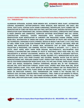 Click Here to Inquiry About Project Report OR Call at +91 - 9811437895, +91 – 9811151047
Top
63 MULTI CRORES PROFITABLE PROJECTS From 1 Crore To 50 Crores Above Projects) Price Of This CD :
ISBN : 9788189765910
ALUMINIUM EXTRUSION, ALCOHOL FROM BROKEN RICE, AUTOMATIC BRICK PLANT, AUTOMATION
CONTROL EQUIPMENTS, BATTERY-OPERATED THREE WHEELER, BEER INDUSTRY, BED SHEET, BED
COVER, SOFA CLOTH, CURTAIN CLOTH (HOME FURNISHING), BIOFERTILIZER, BUTYL RUBBER FOR THE
MANUFACTURE OF TUBES FOR TRUCK AND CAR TYRES, BOTTLING PLANT, BIOCIDES FOR DISTILLERY,
BENIFICATION PLANT-MANGANESE ORE, CHICKEN FARMING (HATCHERY), CORRUGATED SHEET BOARD
& BOXES (PRINTED AND LAMINATED), COMPUTER SOFTWARE DEVELOPMENT AND CALL CENTRE,
CONSTRUCTION CHEMICALS, CHICKEN PROCESSING WITH SLAUGHTER HOUSE, CHROME
BENEFICIATION PLANT BENEFICIATION OF CHROMITE ORE PROCESSING CHARGE CHROME, CASEIN
FROM MILK, DEHYDRATION OF ONION AND GARLIC, DEHYDRATION OF FRUITS AND VEGETABLES BY
IQF TECHNOLOGY, DISPOSABLE PLASTIC SYRINGES, NEEDLES & NEEDLE TUBE PLANT, E.R.W. STEEL PIPES
& TUBES, FERRIC ALUM, GUAR GUM POWDER FROM GUAR SPLIT, HOSPITAL (100 BEDS), IRON ORE
MINING AND MANUFACTURE OF SPONGE IRON, INTEGRATED UNIT OF DAIRY, FARMING MILK
COLLECTION & PROCESSING, FISH FARMING, POULTRY FARMING & HATCHERY, I M F L, KATHA &
KUTCH, KRAFT PAPER, KRAFT PAPER FROM BAGASSE, MULTIPRODUCTS, MULTIPURPOSE COLD
STORAGE & DEHYDRATION AND CANNING OF FRUITS & VEGETABLES, MEGA FOOD PARK, M.S. PIPE
(WELDED)WITH & WITHOUT GALVANISING, MEDICAL COL LEGE, HOSPITAL & RESEARCH INSTITUTE,
MILD STEEL SECTION MILL (ANGLES, CHANNELS, ROUND, SQUARES, ETC.), MONOCHLORO ACETIC ACID,
MONOCHLORO ACETIC ACID FROM ETHANOL AND CHLORINE, MINERAL WATER CUM PET BOTTLE
MANUFACTURING UNIT, PORTLAND CEMENT PLANT, POWER PLANT FROM BIO GAS, PRODUCTION OF
BIO-OIL FOR POWER GENERATION FROM COFFEE HUSK, PVC PIPE AND FITTING, PAPER PLANT, POWER
PLANT (GAS BASED), RESIDENTIAL COMPLEX (TOWNSHIP), ROLLING MILL BY TMT TECHNOLOGY,
ROLLING MILL WITH INDUCTION FURNACE, SUGAR PLANT, SPONGE IRON FROM IRON ORE, SOLAR
POWER (ENERGY) PLANT, STEEL PLANT BASED ON INDUCTION FURNACE FOR THE PRODUCTION OF
INGOTS (M.S.INGOTS {MINI STEEL PLANT} BASED ON INDUCTION FURNACE), STEEL PLANT (BILLETS)
BASED ON INDUCTION FURNACE, STEEL TRANSMISSION LINE TOWER & HOT ROLLING MILL TO
PRODUCE STEEL SECTIONS, SODIUM TRIPOLY PHOSPHATE, TYRES, TUBES & FLAP (MOPED TO TRUCK),
TUBULAR STEEL SWEDGE TYPE POLE FOR POWER DISTRIBUTION AND STREET LIGHTING POLE, TMT
STEEL BARS, UREA FERTILIZER PLANT, VODKA FROM POTATOES, WOMEN POLYTECHNIC COLLEGE
 