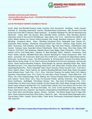 Click Here to Inquiry About Project Report OR Call at +91 - 9811437895, +91 – 9811151047
Top
100 NEW PLASTICS & ALLIED PROJECTS
(Injection/Blow Moulding, Acrylic, PVC/HDPE/PP/ABS/PET/BOPP/Based Project Reports)
ISBN : 9788189765446
LIST OF THE PROJECT REPORTS COVERED IN THIS CD
Acrylic Sheet And Moulded Products, Audio Cassettes Parts By Injection Moulding, Audio Cassette
Assembly & Recording, Automobile Injection Moulded Plastic Components, ABS Granules From Abs
Scrap From (From Old Tv Cabinets, White Goods,Etc., Air Bubble Packaging Film, Ball Pen Manufacturing
(Automatic Plant), Bath Tub (Acrylic), Blow Moulded Plastic Container, Blow Moulding Machine
Fabrication, B.O.P.P. Film, B.O.P.P Self Adhesive Tapes, Blister Film P.V.C , Ball Point Pen, Refills & Ink,
Colour Master Batches For Various Plastics,Compact Disk, Dough Moulding Compound (Dmc), Bulk
Moulding Compound (Bmc), Sheet Moulding Compound (Smc), Disposable Cups, Glasses Etc.,
Disposable Plastic Syringes (Sterilized), Discount/Credit Card, Electric Switches, Plugs, Sockets, And
Other Accessories, EVA (Ethylene Vinyl Acetate) Sheet, Egg Trays From Plastics, EVA(Ethylene Vinyl
Acetate Footwear Inject, Expanded Cellular Polyethylene Sheet, Fiber Glass, Fibre Glass Sheets, FRP
Products, H.D.P.E/P.P. Box Strappings, Hdpe/Pp Woven Sacks (Bags), Hdpe Fishing Net, H.D.P.E Pipes,
Helmet, H.D.P.E. And Fitting Pipes, Injection & Blow Moulded Plastic Products, Intravenous Fluid
Plastic Bottle, Injection Moulded Plastic Balls, Injection Moulding For Plastic Components With Tool
Room , Lamination Of Co-Extrusion Multi Layer Film In Roll Form , Lamination On Hdpe Woven Clothes,
Multi Layer Co-Extrusion, 3 Layer - Film With Lamination & Printing, Nylon Granules From Nylon Waste,
Nylon Net For Giving Shade To Tea Plant In Nursery, Pet Bottles From Pre-Form (Capsules), Pet Granules
(Dana), Plastic Injection Moulding Products, Plastic Bangles By Injection Moulding, Plastic Mat, Plastic
Moulded Furniture, P.V.C. Pipes And Fittings, Plastic Films And Sheets With Printing (Flexo And Roto)
Ldpe/Hdpe/Pp/Hm/Pvc, Plastic Collapsible Tubes, Plastic Granules, Plastic Granules From Fresh Resin,
Plastic (Nylon) Niwar, Plastic Buttons By Injection Moulding Methods, Plastic Rope, Plastic Corrugated
Sheet & Boxes Plastic Tooth Pick , P.V.C. Films, Poly-Vinyl Flooring Pvc Leather Cloth, P.V.C. Battery
Separator, Polyurethane Foam (P.U. Foam), Pvc Foot Wear, Plastic Tarpaulin, Plastic Milk Crate And
Plastic Fish Crate, Polythene Bags, Pouch Making And Gravure Printing, Plasttic Sutli Or Polypropylene
Sutli, Polymer Pencil, Plastic Jerry Cans, Pvc Extrusion Profiles (Wiring Channels), Poly Carbonate
Sheet, Pvc/Plastics (Soft/Rigid) Films/Sheet, Polyster Film, Poly Packs Of Polyethene Film, P.V.C.
Flexible Pipes, Pvc Resin From Calcium Carbide, Pvc Non-Woven Mat, Plastic Water Storage Tanks (Hdpe)
(Sintex Type), Polymeric Roofing Felt, P.V.C. Conduit Pipes, Polyster Yarn From Waste, Pet Pre-Form, Pet
Bottles-Cum-Mineral Water, Pvc Wires And Cables, Pvc Cover & Files (Conference Bags, Folders, File
Covers, Diary Covers Etc.), Polyester Zip Fasteners, Polypropylene & Multifilament Spinning Yarn, Plastic
Toys, Plastic Doors And Windows, Spoons (Plastic), Synthetic Felt (Plastic Based) Used In Paper Mill,
Sport Shoes (Imported Automatic Plant) Action, Liberty Etc. Type, Thermocole Based Disposable Glass,
Cups & Plates, Teflon - Coated - Electric Cables, Tooth Brush, Thermocole, Unsaturated Polyester Resins
100. X-Ray Film.
 