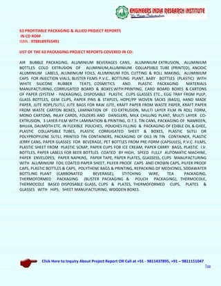 Click Here to Inquiry About Project Report OR Call at +91 - 9811437895, +91 – 9811151047
Top
63 PROFITABLE PACKAGING & ALLIED PROJECT REPORTS
IN CD ROM
ISBN : 9788189765491
LIST OF THE 63 PACKAGING PROJECT REPORTS COVERED IN CD:
AIR BUBBLE PACKAGING, ALUMINIUM BEVERAGES CANS, ALUMINIUM EXTRUSION, ALUMINIUM
BOTTLES COLD EXTRUSION OF ALUMINIUM,ALUMINIUM COLLAPSIBLE TUBE (PRINTED), ANODIC
ALUMINIUM LABELS, ALUMINIUM FOILS, ALUMINIUM FOIL CUTTING & ROLL MAKING, ALUMINIUM
CAPS FOR INJECTION VIALS, BLISTER FILMS P.V.C., BOTTLING PLANT, BABY BOTTLES (PLASTIC) WITH
WHITE SILICONE RUBBER TEATS, COSMETICS AND PLASTIC PACKAGING MATERIALS
MANUFACTURING, CORRUGATED BOARD & BOXES WITH PRINTING, CARD BOARD BOXES & CARTONS
OF PAPER (SYSTEM - PACKAGING), DISPOSABLE PLASTIC CUPS GLASSES ETC., EGG TRAY FROM PULP,
GLASS BOTTLES, GEM CLIPS, PAPER PINS & STAPLES, HDPE/PP WOVEN SACKS (BAGS), HAND MADE
PAPER, JUTE ROPE/SUTLI, JUTE BAGS FOR RAW JUTE, KRAFT PAPER FROM WASTE PAPER, KRAFT PAPER
FROM WASTE CARTON BOXES, LAMINATION OF CO-EXTRUSION, MULTI LAYER FILM IN ROLL FORM,
MONO CARTONS, INLAY CARDS, FOLDERS AND DANGLERS, MILK CHILLING PLANT, MULTI LAYER CO-
EXTRUSION, 3 LAYER-FILM WITH LAMINATION & PRINTING, O.T.S. TIN CANS, PACKAGING OF NAMKEEN,
BHUJIA, DALMOTH ETC. IN FLEXIBLE POUCHES, POUCHES FILLING & PACKAGING OF EDIBLE OIL & GHEE,
PLASTIC COLLAPSIBLE TUBES, PLASTIC CORRUGATED SHEET & BOXES, PLASTIC SUTLI OR
POLYPROPYLENE SUTLI, PRINTED TIN CONTAINERS, PACKAGING OF OILS IN TIN CONTAINER, PLASTIC
JERRY CANS, PAPER GLASSES FOR BEVERAGE, PET BOTTLES FROM PRE-FORM (CAPSULES), P.V.C. FILMS,
PLASTIC SHEET FROM PLASTIC SCRAP, PAPER CUPS FOR ICE CREAM, PAPER CARRY BAGS, PLASTIC I.V.
BOTTLES, PAPER LABELS FOR BEER BOTTLES COATED BY HIGH, SPEED FULLY AUTOMATIC MACHINE,
PAPER ENVELOPES, PAPER NAPKINS, PAPER TAPE, PAPER PLATES, GLASSESS, CUPS MANUFACTURING
WITH ALUMINIUM FOIL COATED PAPER SHEET, PILFER PROOF CAPS AND CROWN CAPS, PILFER PROOF
CAPS, PLASTIC BOTTLES & CAPS, POLYTHENE BAGS & PRINTING, REPACKING OF MEDICINES, SODAWATER
BOTTLING PLANT (CARBONATED BEVERAGE), STITCHING WIRE, TEA PACKAGING,
THERMOFORMED PACKAGING (BLISTER PACKAGING & POUCH PACKAGING), THERMOCOLE,
THERMOCOLE BASED DISPOSABLE GLASS, CUPS & PLATES, THERMOFORMED CUPS, PLATES &
GLASSES WITH HIPS, SHEET MANUFACTURING, WOODEN BOXES.
 