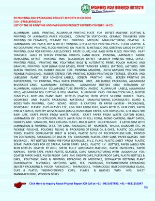 Click Here to Inquiry About Project Report OR Call at +91 - 9811437895, +91 – 9811151047
Top
99 PRINTING AND PACKAGING PROJECT REPORTS IN CD ROM
ISBN :9788189765545
LIST OF THE 99 PRINTING AND PACKAGING PROJECT REPORTS COVERED IN CD:
ALUMINIUM LABEL PRINTING, ALUMINIUM PRINTING PLATE FOR OFFSET MACHINE, COATING &
PRINTING OF LAMINATED PAPER POUCHES, COMPUTER STATIONERY, CERAMIC TRANSFERS (FOR
PRINTING ON CERAMICS), CERAMIC TILE PRINTING MEDIUM MANUFACTURING, COATING &
LAMINATION ON PAPER, DTP & OFFSET PRINTING, DTP & OFFSET PRINTING PRESS, FLEXO GRAPHIC &
ROTOGRAVURE PRINTING, FLOCK PRINTING ON PLASTIC & METALLIC (NS), GREETING CARDS BY OFFSET
PRINTING, GUM FOR PASTING LABELS/OFFICE PASTE (GUM), H.M. BAGS WITH FLEXO PRINTING, HEAT
TRANSFER LABEL BY SCREEN PRINTING PROCESS, HAND BLOCK PRINTING, LAMINATED FABRIC
EMBOSSING, OFFSET PRINTING INKS (COLOURED), OFFSET SECURITY PRINTING PRESS, OFFSET
PRINTING PRESS, PRINTING INK, POLYTHENE BAGS & AUTOMATIC PRINT, POUCH MAKING AND
GRAVURE, PRINTING GUM (GUAR GUM BASED), PRINT TRANSFER LABELS (TATTOO), LASTISOLS FOR
SCREEN PRINTING INK, RUBBER ROLLER FOR PRINTING MACHINE, ROTO GRAVURE PRINTING (FOR
FLEXIBLE PACKAGING), RUBBER STEREO FOR PRINTING, SCREEN PRINTING BY TEXTILES, STICKER AND
LABELLING PLANT, SELF ADHESIVE LABELS, SCREEN PRINTING INKS, SCREEN PRINTING ON
PAPER/CARDS, TIN PRINTING, WALL PAPER PRINTING UNIT, AIR BUBBLE PACKAGING, ALUMINIUM
BEVERAGES CANS, ALUMINIUM EXTRUSION, ALUMINIUM BOTTLES COLD EXTRUSION OF
ALUMINIUM, ALUMINIUM COLLAPSIBLE TUBE (PRINTED), ANODIC ALUMINIUM LABELS, ALUMINIUM
FOILS, ALUMINIUM FOIL CUTTING & ROLL MAKING, ALUMINIUM CAPS FOR INJECTION VIALS, BLISTER
FILMS P.V.C., BOTTLING PLANT, BABY BOTTLES (PLASTIC) WITH WHITE SILICONE RUBBER TEATS,
COSMETICS AND PLASTIC PACKAGING MATERIALS MANUFACTURING, CORRUGATED BOARD &
BOXES WITH PRINTING, CARD BOARD BOXES & CARTONS OF PAPER (SYSTEM - PACKAGING),
DISPOSABLE PLASTIC CUPS GLASSES ETC., EGG TRAY FROM PULP, GLASS BOTTLES, GEM CLIPS, PAPER
PINS & STAPLES, HDPE/PP WOVEN SACKS (BAGS), HAND MADE PAPER, JUTE ROPE/SUTLI, JUTE BAGS FOR
RAW JUTE, KRAFT PAPER FROM WASTE PAPER, KRAFT PAPER FROM WASTE CARTON BOXES,
LAMINATION OF CO-EXTRUSION, MULTI LAYER FILM IN ROLL FORM, MONO CARTONS, INLAY CARDS,
FOLDERS AND DANGLERS, MILK CHILLING PLANT, MULTI LAYER CO-EXTRUSION, 3 LAYER-FILM WITH
LAMINATION & PRINTING, O.T.S. TIN CANS, PACKAGING OF NAMKEEN, BHUJIA, DALMOTH ETC. IN
FLEXIBLE POUCHES, POUCHES FILLING & PACKAGING OF EDIBLE OIL & GHEE, PLASTIC COLLAPSIBLE
TUBES, PLASTIC CORRUGATED SHEET & BOXES, PLASTIC SUTLI OR POLYPROPYLENE SUTLI, PRINTED
TIN CONTAINERS, PACKAGING OF OILS IN TIN CONTAINER, PLASTIC JERRY CANS, PAPER GLASSES FOR
BEVERAGE , PET BOTTLES FROM PRE-FORM (CAPSULES), P.V.C. FILMS, PLASTIC SHEET FROM PLASTIC
SCRAP, PAPER CUPS FOR ICE CREAM, PAPER CARRY BAGS, PLASTIC I.V. BOTTLES, PAPER LABELS FOR
BEER BOTTLES COATED BY HIGH, SPEED FULLY AUTOMATIC MACHINE, PAPER ENVELOPES, PAPER
NAPKINS, PAPER TAPE, PAPER PLATES, GLASSESS, CUPS MANUFACTURING WITH ALUMINIUM FOIL
COATED PAPER SHEET, PILFER PROOF CAPS AND CROWN CAPS, PILFER PROOF CAPS, PLASTIC BOTTLES &
CAPS, POLYTHENE BAGS & PRINTING, REPACKING OF MEDICINES, SODAWATER BOTTLING PLANT
(CARBONATED BEVERAGE), STITCHING WIRE, TEA PACKAGING, THERMOFORMED PACKAGING
(BLISTER PACKAGING & POUCH PACKAGING), THERMOCOLE, THERMOCOLE BASED DISPOSABLE GLASS,
CUPS & PLATES, THERMOFORMED CUPS, PLATES & GLASSES WITH HIPS, SHEET
MANUFACTURING, WOODEN BOXES.
 