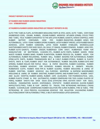Click Here to Inquiry About Project Report OR Call at +91 - 9811437895, +91 – 9811151047
Top
PROJECT REPORTS IN CD ROM
67 RUBBER AND RUBBER GOODS INDUSTRIES
ISBN : 9788189765637
67 RUBBER & RUBBER GOODS INDUSTRIES (67 PROJECT REPORTS IN CD)
AUTO TYRE TUBES & FLAPS, AUTORUBBER MOULDING PARTS & STEEL JACKS, AUTO TUBES, COIR FOAM
(RUBBERISED COIR), CRUMB RUBBER, CRUMB RUBBER MODIFIED BITUMEN (CRMB), CYCLES TYRES
AND TUBES, FIELD RUBBER CONVERTED TO THE 60% LATEX RUBBER, GASKETS, HAWAI CHAPPALS, HARD
RUBBER BATTERY CONTAINER, HOSE PIPE RUBBER (RADIATOR), (RUBBER HOSES FOR
AUTOMOBILES), LATEX FOAM RUBBER (SPONG RUBBER), LATEX RUBBER THREAD, LATEX RUBBER BASED
ADHESIVE, LATEX RUBBER CONDOMS, LATEX FOAM RUBBER STABILIZER, MICROCELLULAR
SHEETS(RUBBER SHEETS FOR SHOE SOLES, OIL SEALS,`O' RINGSS, RUBBER POWDER, RUBBER HOSE PIPE,
RUBBER AUTO GASKETS, RUBBER ERASER, RUBBERISED CORK SHEET, RUBBERISED FOAM FOR
MANUFACTURE OF MATTRESSES, CUSHION ETC., RUBBER AUTO PARTS, RUBBER GOODS FROM
WASTE RUBBER, RUBBER BAND, RUBBER PLANTATION, RUBBER PROCESS OIL, RUBBER HOSES FOR
AUTOMOBILES, RUBBER RECLAIMING, RUBBER BALL, RUBBER BEADING FOR AUTOMOBILES, RUBBER
EPDM AUTO PARTS, RUBBER TRANSMISSION BELT & V-BELT, RUBBER STEREO, RUBBER & PLASTIC
SHEETS, MATS & FLAPS, RUBBER SHEET FOR AUTOMOBILES, RUBBER BALLOON, RUBBER COTS AND
APRONS, RUBBER ROLLER FOR TEXTILE MILLS & PAPER INDUSTRIE, RUBBER FLOORING, RUBBER
SOLUTIONS, RUBBER ADHESIVE FOR PLYWOOD. RUBBER ROLLERS & EBONITE ROLLERS,
RUBBERIZED CLOTH, RUBBER HOSE PIPE & RUBBER GLAZING, RUBBER MOULDING & LINING OF
RUBBER SHEETING, RUBBER ADHESIVE (ALL PURPOSE) NEOPRENE & ISOPRENE BASEDRUBBER
MOULDING & LINING OF RUBBER SHEETING, RUBBER CHAPPEL AND RUBBER SHEET, RUBBER SHEET
AND ALLIED HOSPITAL RUBBER GOODS, RUBBER CAPS (CLOSURES) FOR PHARMACEUTICAL USES,
RUBBER PLASTIC STAMP & PAD (AUTOMATIC), RUBBER COMPOUND FOR TOYS (USING PLASTER OF
PARIS), RUBBER SHEETS FOR SHOE SOLES (EVA) (ETHYLENE VINYL ACETATE SHEET FOR SOLE),
SURGICAL EXAMINATION GLOVES (DISPOSABLE), SYNTHETIC RUBBER ADHESIVE, SILICON RUBBER
NIPPLE/TEATS,TYRES, TUBES & FLAP (MOPED TO TRUCK), TYRE RETREADING MATERIALS (TREAD
RUBBER, CUSHION,GUM (COMPOUND) RUBBER SOLUTION PRE-CURED RUBBER) ,TYRE & TUBES, TYRE
RETREADING BY COLD PROCESS, VULCANISING ADHESIVE FOR MULATION VULCANIZING RUBBER
SOLUTION/CEMENT FOR AUTOMOBILE TYRES, V-BELTS WATER BASED LATEX ADHESIVES.
 