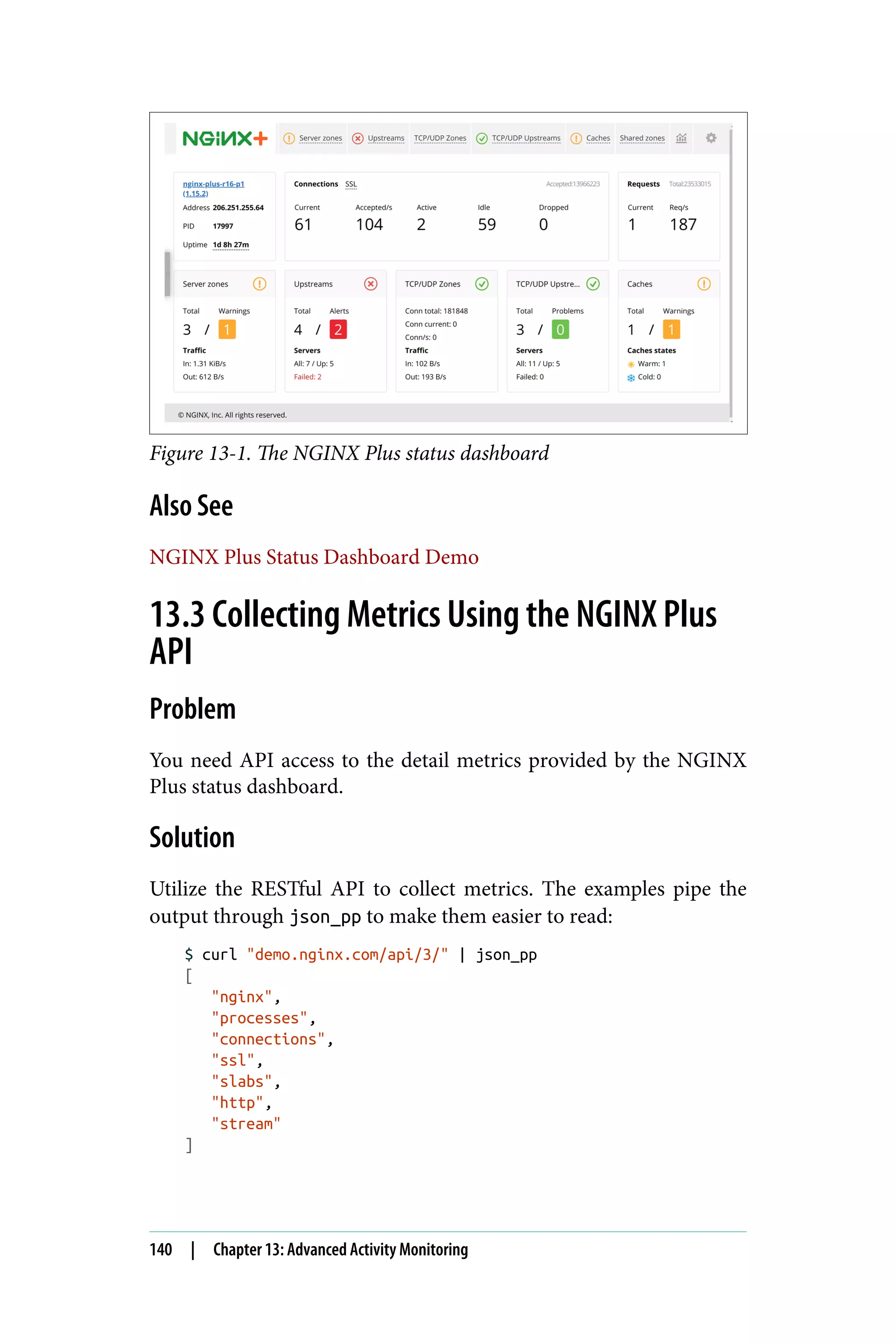 Figure 13-1. The NGINX Plus status dashboard
Also See
NGINX Plus Status Dashboard Demo
13.3 Collecting Metrics Using the NGINX Plus
API
Problem
You need API access to the detail metrics provided by the NGINX
Plus status dashboard.
Solution
Utilize the RESTful API to collect metrics. The examples pipe the
output through json_pp to make them easier to read:
$ curl "demo.nginx.com/api/3/" | json_pp
[
"nginx",
"processes",
"connections",
"ssl",
"slabs",
"http",
"stream"
]
140 | Chapter 13: Advanced Activity Monitoring
 