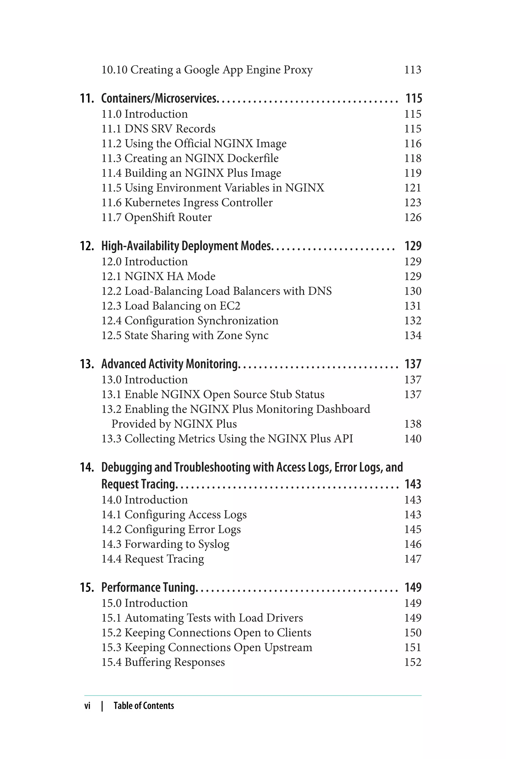 10.10 Creating a Google App Engine Proxy 113
11. Containers/Microservices. . . . . . . . . . . . . . . . . . . . . . . . . . . . . . . . . . . 115
11.0 Introduction 115
11.1 DNS SRV Records 115
11.2 Using the Official NGINX Image 116
11.3 Creating an NGINX Dockerfile 118
11.4 Building an NGINX Plus Image 119
11.5 Using Environment Variables in NGINX 121
11.6 Kubernetes Ingress Controller 123
11.7 OpenShift Router 126
12. High-Availability Deployment Modes. . . . . . . . . . . . . . . . . . . . . . . . 129
12.0 Introduction 129
12.1 NGINX HA Mode 129
12.2 Load-Balancing Load Balancers with DNS 130
12.3 Load Balancing on EC2 131
12.4 Configuration Synchronization 132
12.5 State Sharing with Zone Sync 134
13. Advanced Activity Monitoring. . . . . . . . . . . . . . . . . . . . . . . . . . . . . . . 137
13.0 Introduction 137
13.1 Enable NGINX Open Source Stub Status 137
13.2 Enabling the NGINX Plus Monitoring Dashboard
Provided by NGINX Plus 138
13.3 Collecting Metrics Using the NGINX Plus API 140
14. Debugging and Troubleshooting with Access Logs, Error Logs, and
Request Tracing. . . . . . . . . . . . . . . . . . . . . . . . . . . . . . . . . . . . . . . . . . . 143
14.0 Introduction 143
14.1 Configuring Access Logs 143
14.2 Configuring Error Logs 145
14.3 Forwarding to Syslog 146
14.4 Request Tracing 147
15. Performance Tuning. . . . . . . . . . . . . . . . . . . . . . . . . . . . . . . . . . . . . . . 149
15.0 Introduction 149
15.1 Automating Tests with Load Drivers 149
15.2 Keeping Connections Open to Clients 150
15.3 Keeping Connections Open Upstream 151
15.4 Buffering Responses 152
vi | Table of Contents
 