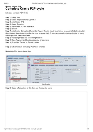 8/4/2014 Complete Oracle P2P cycle |Simplifying Oracle E Business Suite
http://mandeeporacle.blogspot.in/2014/07/complete-oracle-p2p-cycle.html 1/15
Monday, July 28, 2014
Complete Oracle P2P cycle
Lets do a complete P2P Cycle
Step 1) Create Item
Step 2) Create Requisition and Approve it
Step 3) Auto Create RFQ
Step 4) Create Quotation
Step 5) Auto Create PO and Approve it
Step 6) Receipt
Step 7) Auto Invoice Generation (Remember Pay on Receipt should be checked on vendor site before creation
of purchasing document and vendor site must be a pay site). Or you can manually create an invoice by using
match option on Invoice entry form
Step 8) Validating Invoice and Accounting Creation
Step 9) Make Payment and Create accounting for payments
Step 10) Payables Transfer to General Ledger
Step 1) Lets Create an Item using Purchased template
Navigate to PO> Item> Master Item
Step 2) Create a Requisition for this Item and Approve the same
Item Creation
 