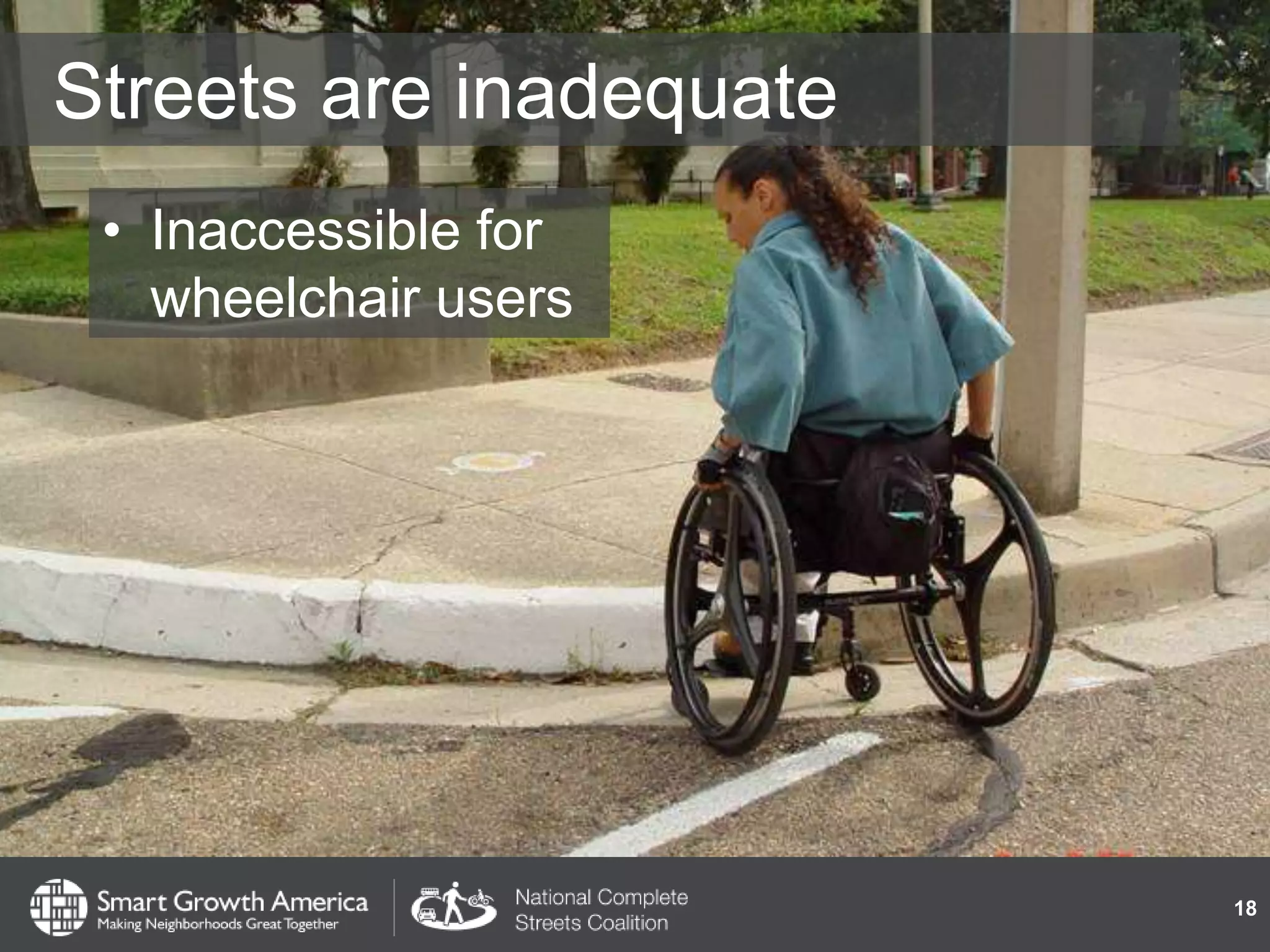 Streets are inadequate
• Inaccessible for
wheelchair users
18
 