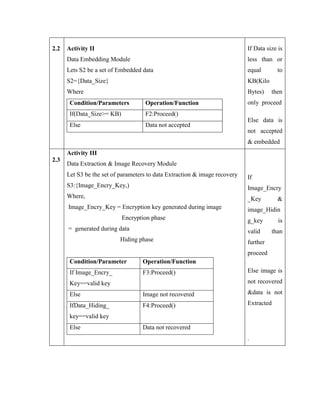 2.2 Activity II
Data Embedding Module
Lets S2 be a set of Embedded data
S2={Data_Size}
Where
Condition/Parameters Operation/Function
If(Data_Size>= KB) F2:Proceed()
Else Data not accepted
If Data size is
less than or
equal to
KB(Kilo
Bytes) then
only proceed
Else data is
not accepted
& embedded
2.3
Activity III
Data Extraction & Image Recovery Module
Let S3 be the set of parameters to data Extraction & image recovery
S3:{Image_Encry_Key,)
Where,
Image_Encry_Key = Encryption key generated during image
Encryption phase
= generated during data
Hiding phase
Condition/Parameter Operation/Function
If Image_Encry_
Key==valid key
F3:Proceed()
Else Image not recovered
IfData_Hiding_
key==valid key
F4:Proceed()
Else Data not recovered
If
Image_Encry
_Key &
image_Hidin
g_key is
valid than
further
proceed
Else image is
not recovered
&data is not
Extracted
.
 