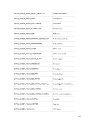 SHTDN_REASON_MINOR_HOTFIX_UNINSTALL        Hot fix uninstallation.


SHTDN_REASON_MINOR_HUNG                    Unresponsive.


SHTDN_REASON_MINOR_INSTALLATION            Installation.


SHTDN_REASON_MINOR_MAINTENANCE             Maintenance.


SHTDN_REASON_MINOR_MMC                     MMC issue.


SHTDN_REASON_MINOR_NETWORK_CONNECTIVITY    Network connectivity.


SHTDN_REASON_MINOR_NETWORKCARD             Network card.


SHTDN_REASON_MINOR_OTHER                   Other issue.


SHTDN_REASON_MINOR_OTHERDRIVER             Other driver event.


SHTDN_REASON_MINOR_POWER_SUPPLY            Power supply.


SHTDN_REASON_MINOR_PROCESSOR               Processor.


SHTDN_REASON_MINOR_RECONFIG                Reconfigure.


SHTDN_REASON_MINOR_SECURITY                Security issue.


SHTDN_REASON_MINOR_SECURITYFIX             Security patch.


SHTDN_REASON_MINOR_SECURITYFIX_UNINSTALL   Security patch uninstallation.


SHTDN_REASON_MINOR_SERVICEPACK             Service pack.


SHTDN_REASON_MINOR_SERVICEPACK_UNINSTALL   Service pack uninstallation.


SHTDN_REASON_MINOR_UNSTABLE                Unstable.


SHTDN_REASON_MINOR_UPGRADE                 Upgrade.


SHTDN_REASON_MINOR_WMI                     WMI issue.




                                                                            117
 