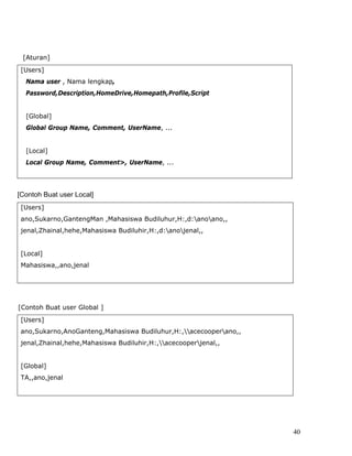 [Aturan]
 [Users]
  Nama user , Nama lengkap,
  Password,Description,HomeDrive,Homepath,Profile,Script


  [Global]
  Global Group Name, Comment, UserName, ...


  [Local]
  Local Group Name, Comment>, UserName, ...




[Contoh Buat user Local]
 [Users]
 ano,Sukarno,GantengMan ,Mahasiswa Budiluhur,H:,d:anoano,,
 jenal,Zhainal,hehe,Mahasiswa Budiluhir,H:,d:anojenal,,


 [Local]
 Mahasiswa,,ano,jenal




[Contoh Buat user Global ]
 [Users]
 ano,Sukarno,AnoGanteng,Mahasiswa Budiluhur,H:,acecooperano,,
 jenal,Zhainal,hehe,Mahasiswa Budiluhir,H:,acecooperjenal,,


 [Global]
 TA,,ano,jenal




                                                                   40
 