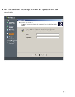 f. Lalu anda akan diminta untuk mengisi nama anda dan organisasi tempat anda
   menginstall.




                                                                               8
 
