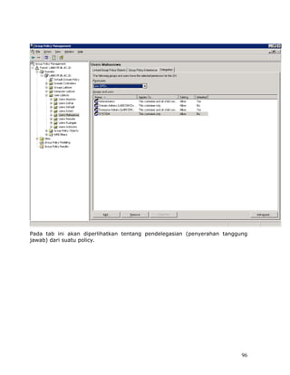 Pada tab ini akan diperlihatkan tentang pendelegasian (penyerahan tanggung
jawab) dari suatu policy.




                                                                        96
 