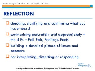 checking, clarifying and confirming what you have heard summarising accurately and appropriately – the 4 Fs – Full, Fair, Feelings, Facts building a detailed picture of issues and concerns not interpreting, distorting or responding REFLECTION 