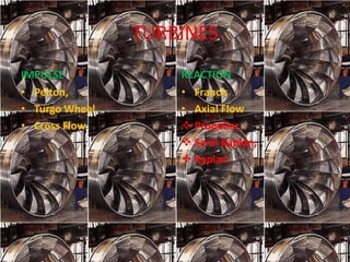 TURBINES
IMPULSE
• Pelton,
• Turgo Wheel
• Cross Flow
REACTION
• Francis
• Axial Flow
 Propeller,
 Semi Kaplan,
 Kaplan
 