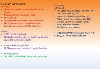 Boxing day Tsunami 2004:
Physical:
• The earthquake occurred under the Indian
ocean
• Measured 8.9 on the richter scale
• Focus 10 km
• The epicentre was 256km from Indonesia
• The indian plate was pushed under the
Eurasian plate along a 1040km fault line
Social:
• 5,395 dead in Thailand
• 120,000 people have been effected by damage
caused to the fishing industry
• In India 9,000 people died
• 12,500 people were displaced by the flooding
• Environmental:
• 20/199 of the Maldive islands were destroyed
Economical:
In thailand
• The hotels only managed to fill 10% of
their rooms out 35,000
• International passenger arrivals in
Phuket airport were reduced by 88%
• Effected tourist areas stood to lose
about 5 million tourists
• 1 in 5 hotels had to close
• In Somalia 1000 homes were destroyed
• 240,000 fishing boats were lost
 