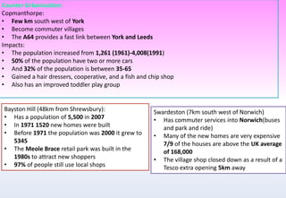 Counter Urbanisation:
Copmanthorpe:
• Few km south west of York
• Become commuter villages
• The A64 provides a fast link between York and Leeds
Impacts:
• The population increased from 1,261 (1961)-4,008(1991)
• 50% of the population have two or more cars
• And 32% of the population is between 35-65
• Gained a hair dressers, cooperative, and a fish and chip shop
• Also has an improved toddler play group
Bayston Hill (48km from Shrewsbury):
• Has a population of 5,500 in 2007
• In 1971 1520 new homes were built
• Before 1971 the population was 2000 it grew to
5345
• The Meole Brace retail park was built in the
1980s to attract new shoppers
• 97% of people still use local shops
Swardeston (7km south west of Norwich)
• Has commuter services into Norwich(buses
and park and ride)
• Many of the new homes are very expensive
7/9 of the houses are above the UK average
of 168,000
• The village shop closed down as a result of a
Tesco extra opening 5km away
 