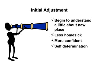 Initial AdjustmentInitial Adjustment
 Begin to understand
a little about new
place
 Less homesick
 More confident
 Self determination
 