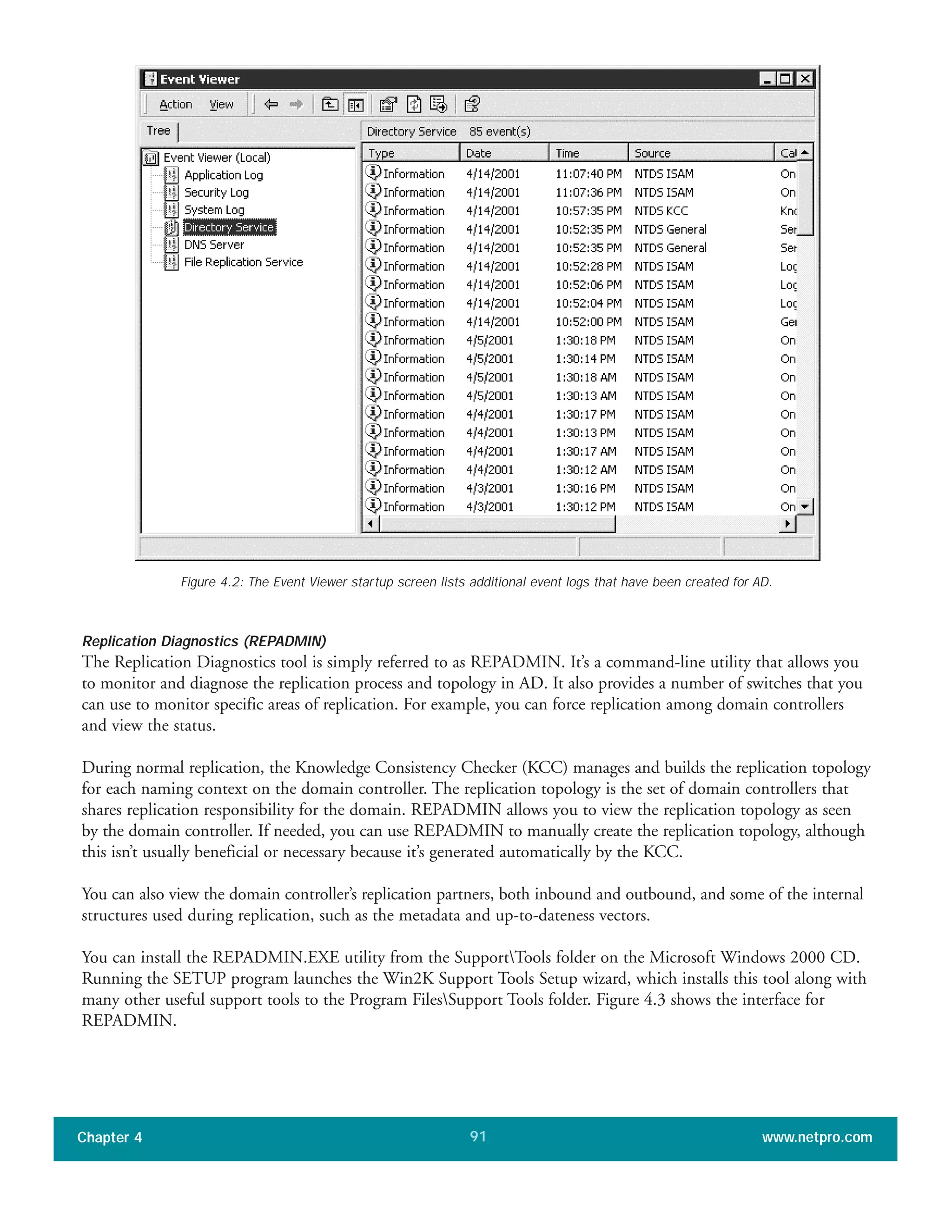 Replication Diagnostics (REPADMIN)
The Replication Diagnostics tool is simply referred to as REPADMIN. It’s a command-line utility that allows you
to monitor and diagnose the replication process and topology in AD. It also provides a number of switches that you
can use to monitor specific areas of replication. For example, you can force replication among domain controllers
and view the status.
During normal replication, the Knowledge Consistency Checker (KCC) manages and builds the replication topology
for each naming context on the domain controller. The replication topology is the set of domain controllers that
shares replication responsibility for the domain. REPADMIN allows you to view the replication topology as seen
by the domain controller. If needed, you can use REPADMIN to manually create the replication topology, although
this isn’t usually beneficial or necessary because it’s generated automatically by the KCC.
You can also view the domain controller’s replication partners, both inbound and outbound, and some of the internal
structures used during replication, such as the metadata and up-to-dateness vectors.
You can install the REPADMIN.EXE utility from the SupportTools folder on the Microsoft Windows 2000 CD.
Running the SETUP program launches the Win2K Support Tools Setup wizard, which installs this tool along with
many other useful support tools to the Program FilesSupport Tools folder. Figure 4.3 shows the interface for
REPADMIN.
Chapter 4 www.netpro.com91
Figure 4.2: The Event Viewer startup screen lists additional event logs that have been created for AD.
 