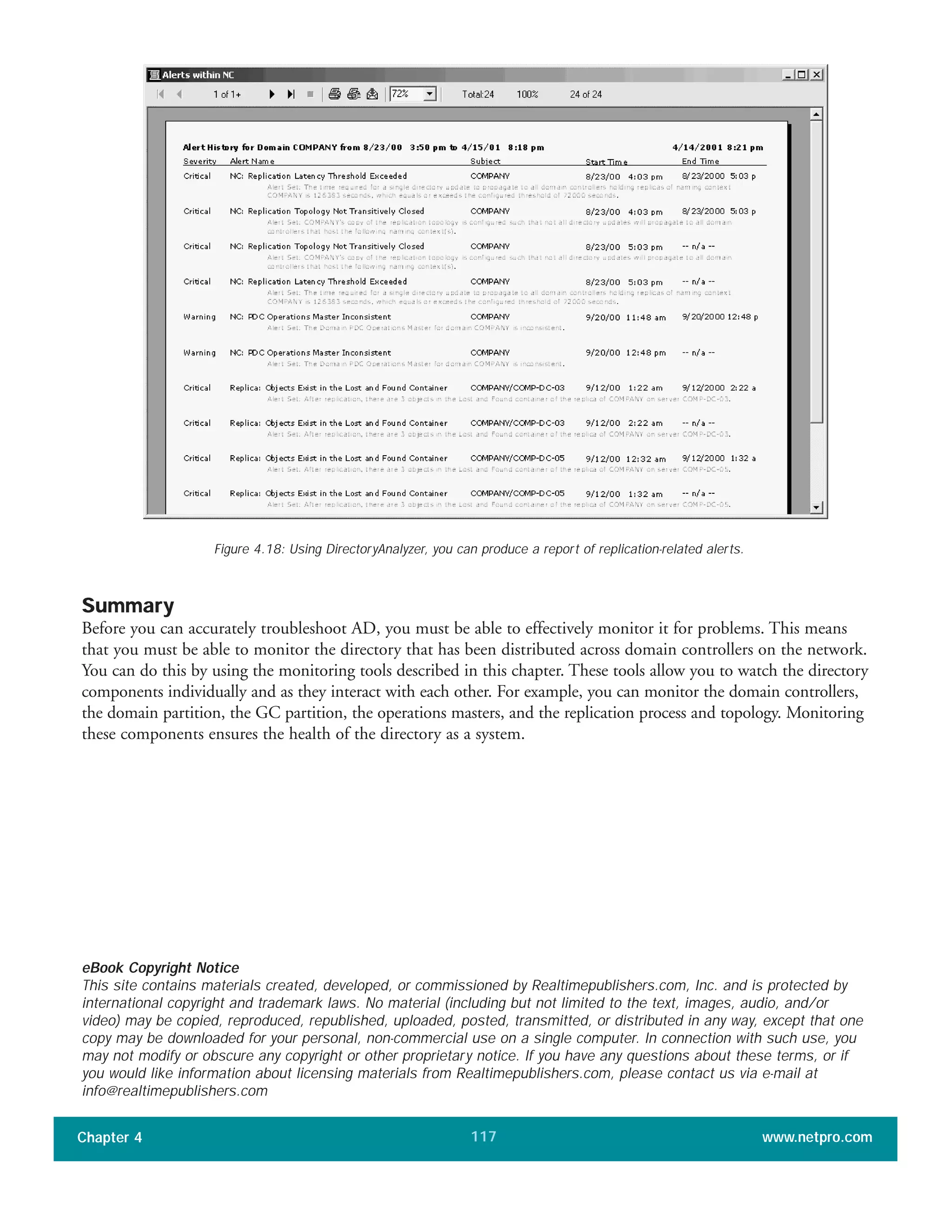 Summary
Before you can accurately troubleshoot AD, you must be able to effectively monitor it for problems. This means
that you must be able to monitor the directory that has been distributed across domain controllers on the network.
You can do this by using the monitoring tools described in this chapter. These tools allow you to watch the directory
components individually and as they interact with each other. For example, you can monitor the domain controllers,
the domain partition, the GC partition, the operations masters, and the replication process and topology. Monitoring
these components ensures the health of the directory as a system.
Chapter 4 www.netpro.com117
Figure 4.18: Using DirectoryAnalyzer, you can produce a report of replication-related alerts.
eBook Copyright Notice
This site contains materials created, developed, or commissioned by Realtimepublishers.com, Inc. and is protected by
international copyright and trademark laws. No material (including but not limited to the text, images, audio, and/or
video) may be copied, reproduced, republished, uploaded, posted, transmitted, or distributed in any way, except that one
copy may be downloaded for your personal, non-commercial use on a single computer. In connection with such use, you
may not modify or obscure any copyright or other proprietary notice. If you have any questions about these terms, or if
you would like information about licensing materials from Realtimepublishers.com, please contact us via e-mail at
info@realtimepublishers.com
 